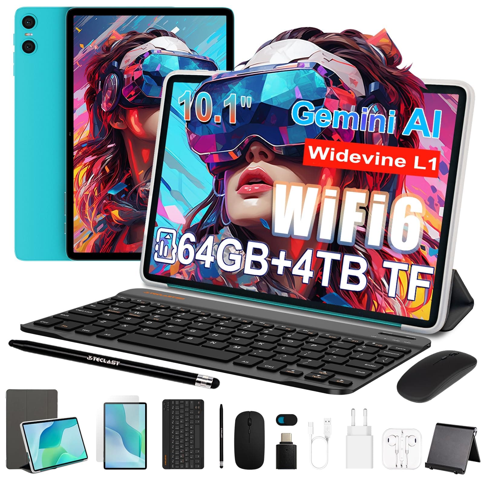 TECLAST P33 Tablette 10 Pouces Gemini AI, Android Tablette Tactile avec 10 Accessoires, 64GB+4TB TF, 2GHz Octa-Core, Widevine L1/6000mAh/WiFi 6, Tablet avec Clavier+Étui+Stylet+Souris+Écouteurs, 2026