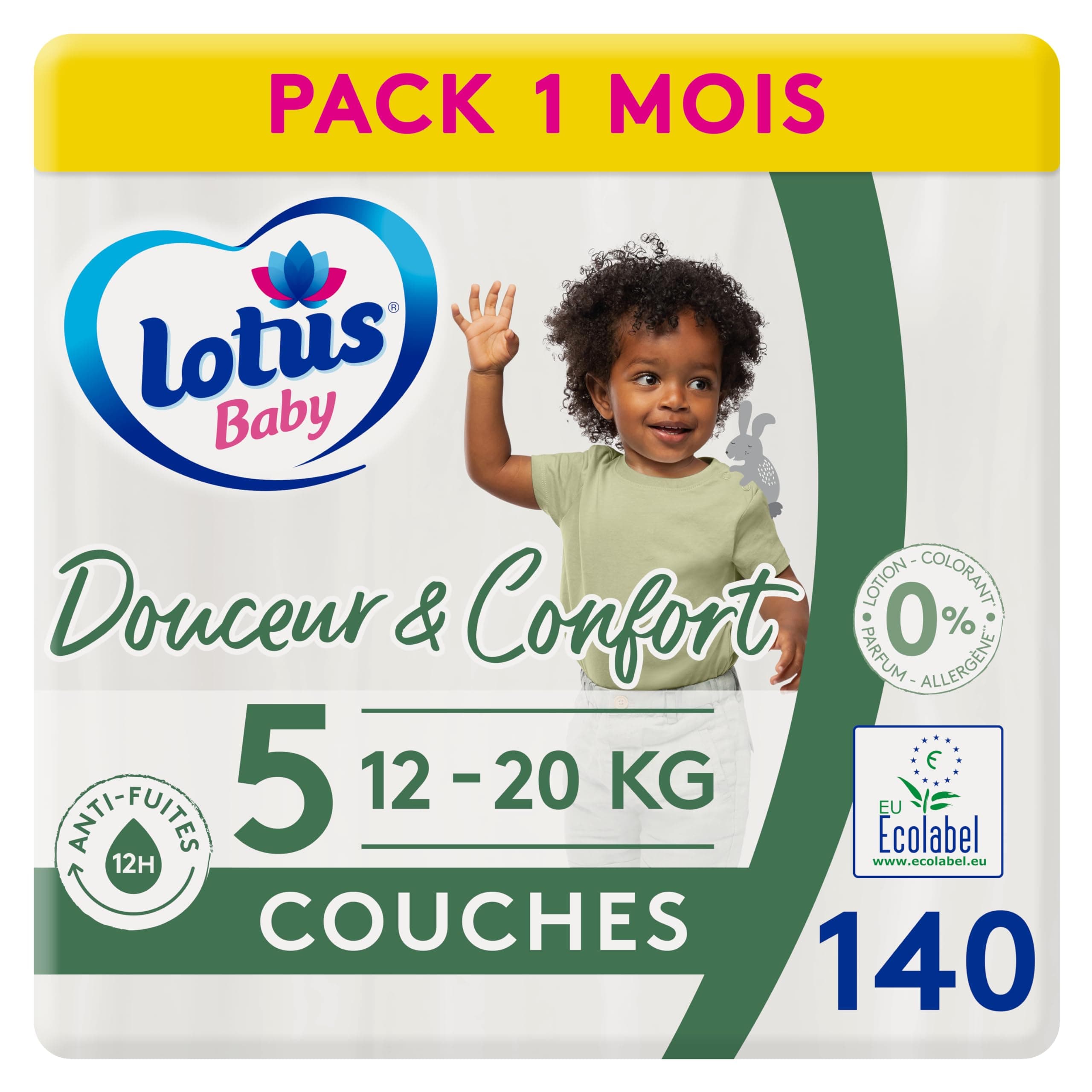 Lotus Baby Douceur & Confort - Couches Bébé Taille 5 (12-20 kg) Pack 1 Mois - 140 Couches