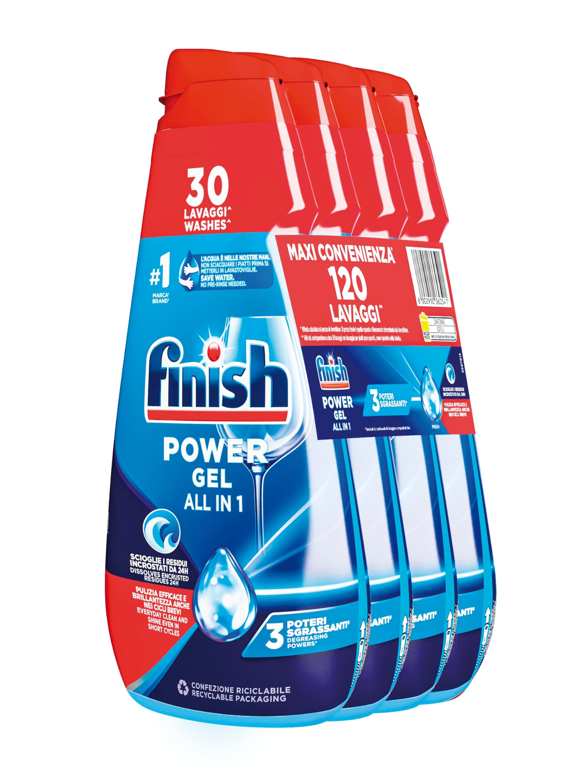 Finish Powergel Detersivo Lavastoviglie Fresh, Gel Lavastoviglie, 120 Lavaggi, 4 confezioni da 30 Lavaggi di Liquido Lavastoviglie