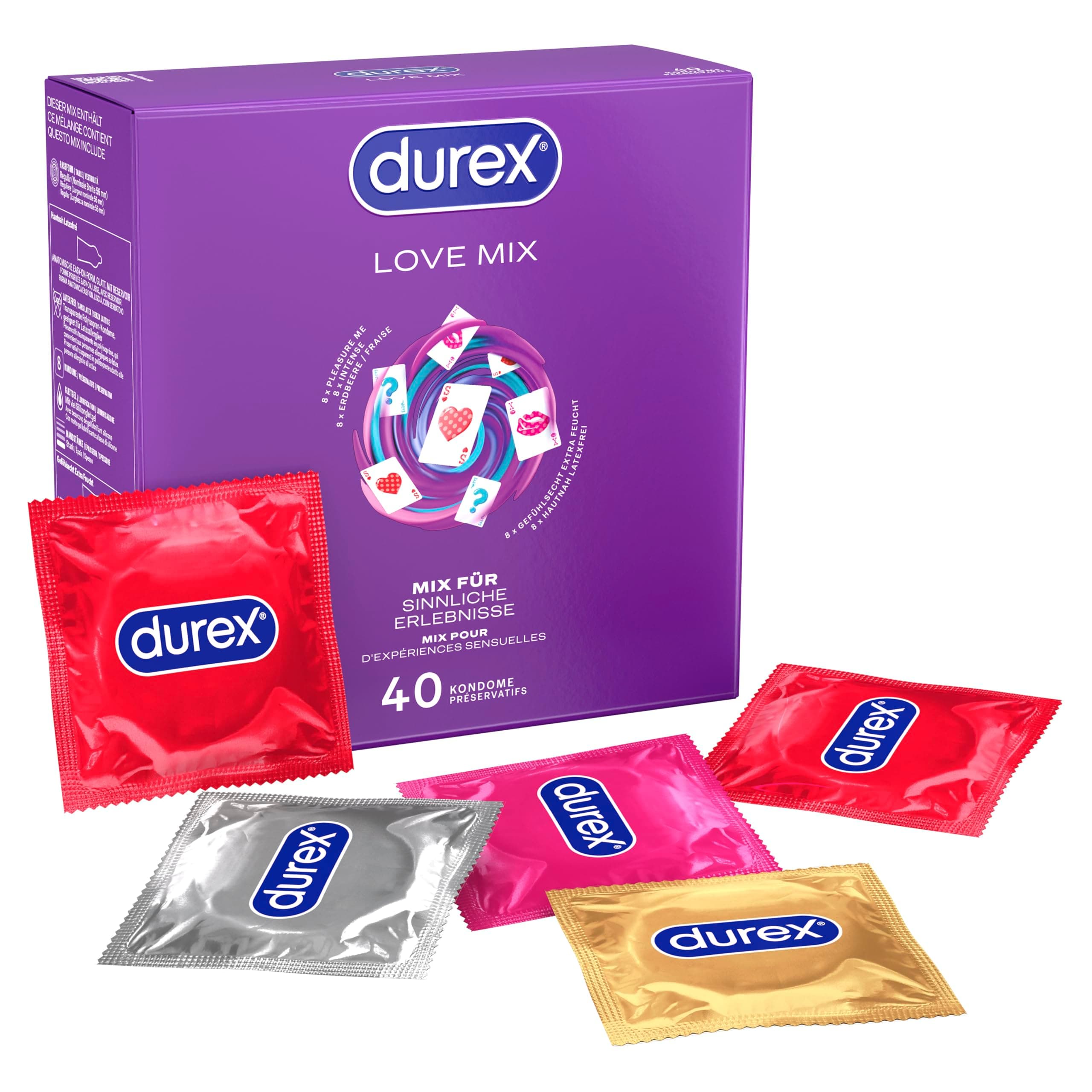 Durex Love Mix Kondome-Mischung – Vielseitige Mixpackung mit 5 verschiedenen Kondom-Sorten zum Ausprobieren – 40 Kondome (1er Pack)