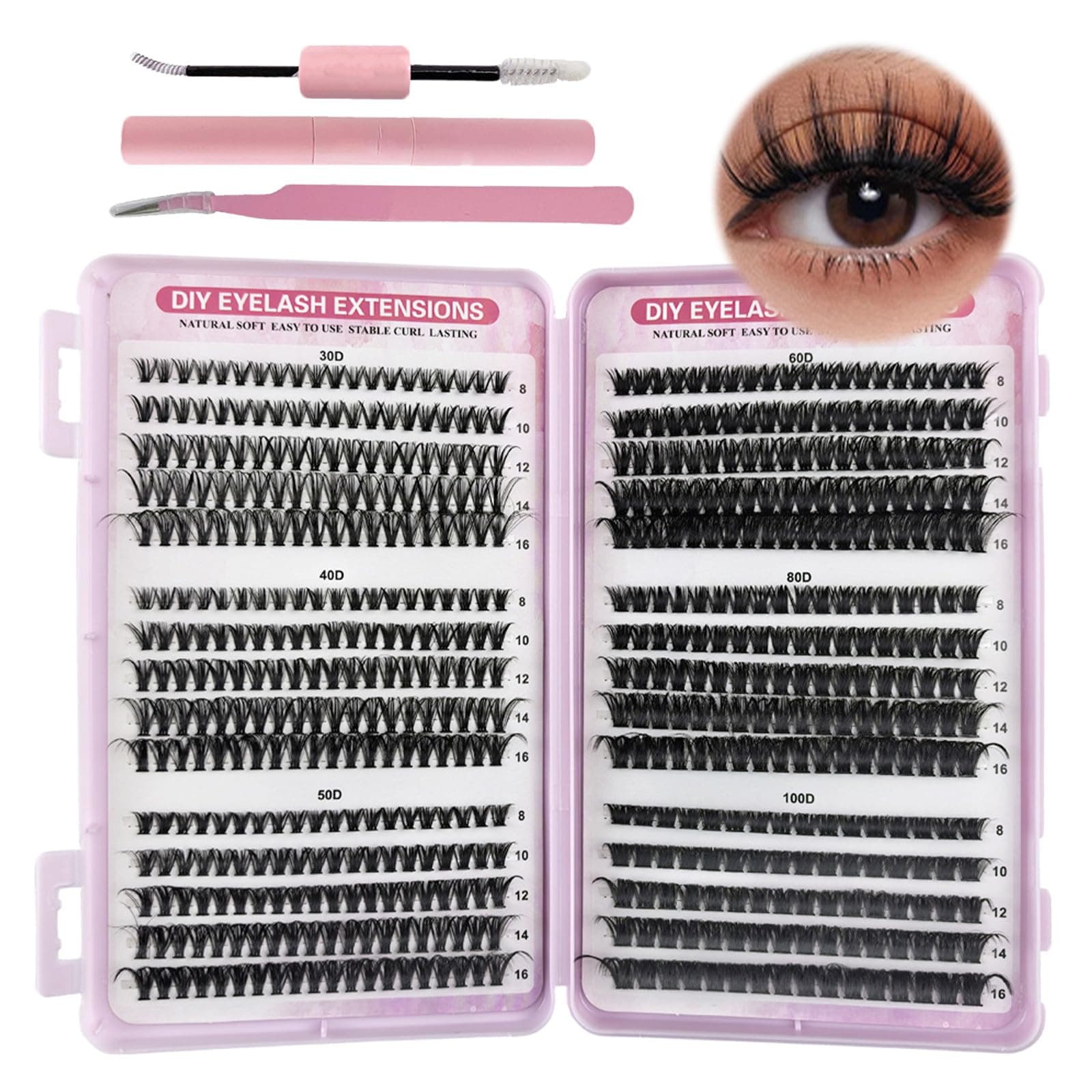 VEGCOO 570 Pezzi Ciglia Finte Ciuffetti, 30-40-50-60-80-100D Kit Extension Ciglia, Curl Ciglia Finte Ciuffetti 8-16mm, DIY Eyelash Extension Kit con Accessori