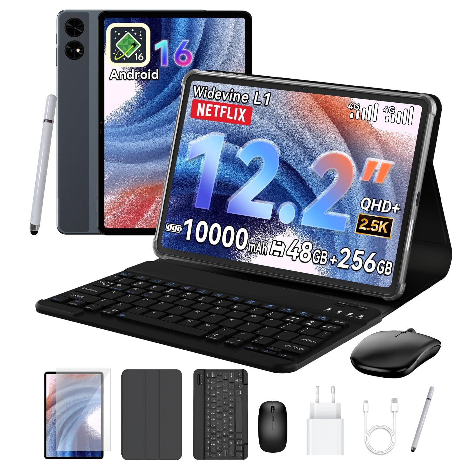 TABWEE T60 Tablet 12 Pulgadas con Teclado - Android 16, 48 GB+256 GB, 10000 mAh, 16 MP+8 MP, 1600 * 2400 QHD+, Widevine L1, Gemini AI, Face ID, GPS, Tablet con Tarjeta Sim (4 Años de Garantía)