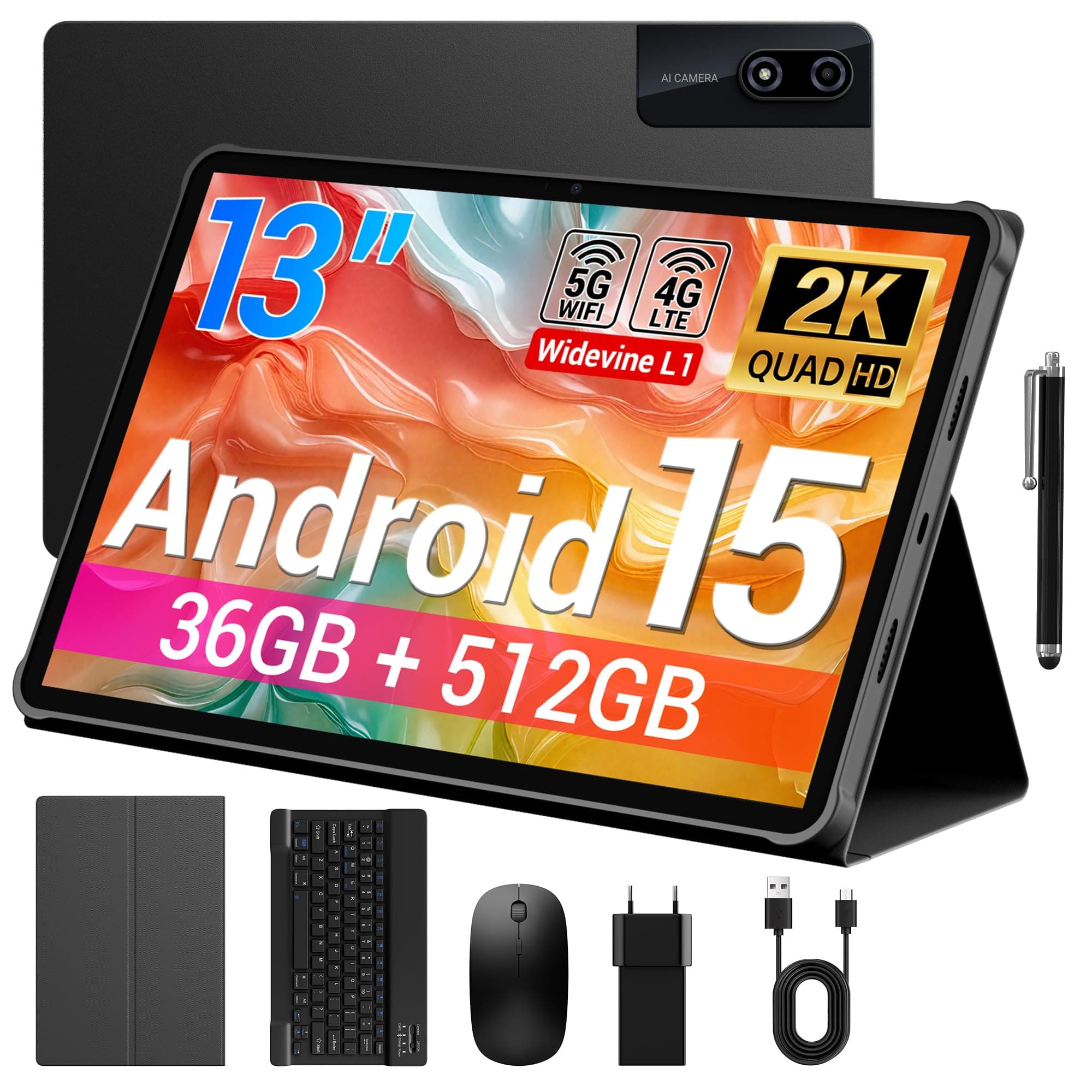 BEYNIVAN Tablet13 Pollici Android 15 tablet con 4G LTE/5G WiFi,36GB RAM+512GB ROM+1TB Espansione,2960x1848 FHD+, Gemini AI,11580mAh,13MP+8MP,BT 5.0/GPS/Split-Screen/Face ID/Tab con Tastiera,Nero