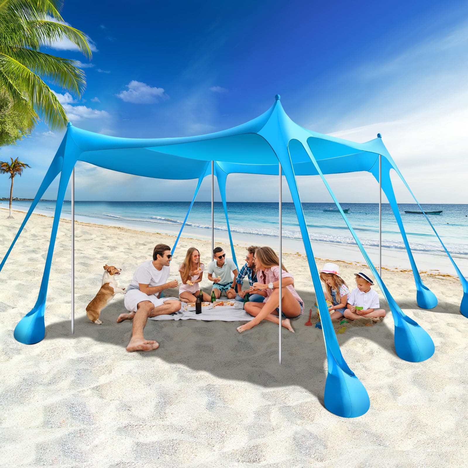 Rhino Valley 3x3m Tenda da Spiaggia Ultra Stabile Portatile, Protezione UV UPF50+ Tenda da Mare Super Antivento con 8 Ancoraggi a Sabbia Riempibili e 4 Aste in Alluminio