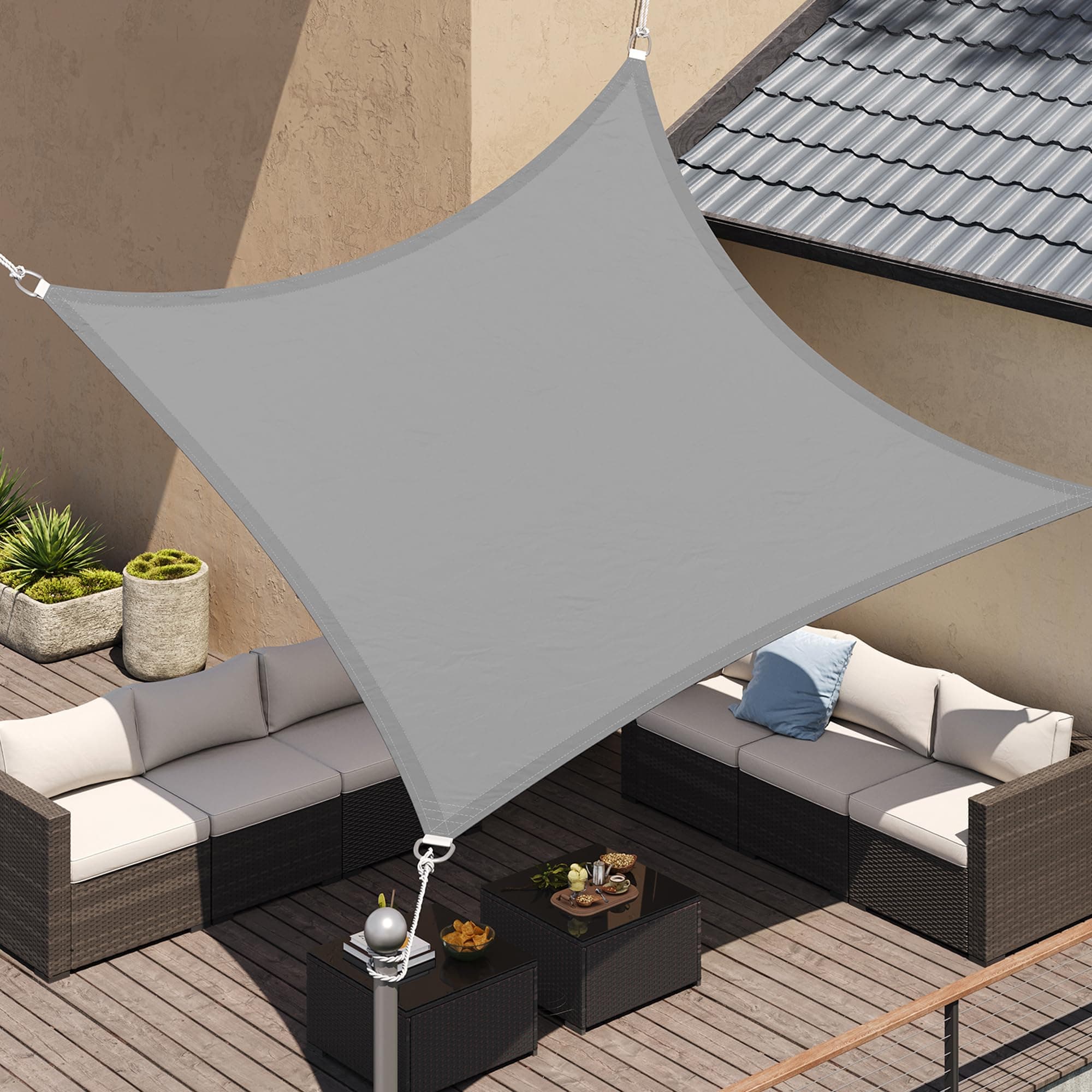 SONGMICS Sonnensegel 3 x 3 m, wasserfest mit Einer Wassersäule von 665 mm, Sonnenschutz aus reißfestem Polyester, UV-Schutz 93%, Terrasse, Garten, Balkon, quadratisch, 2 m Seile, hellgrau GSH33QY