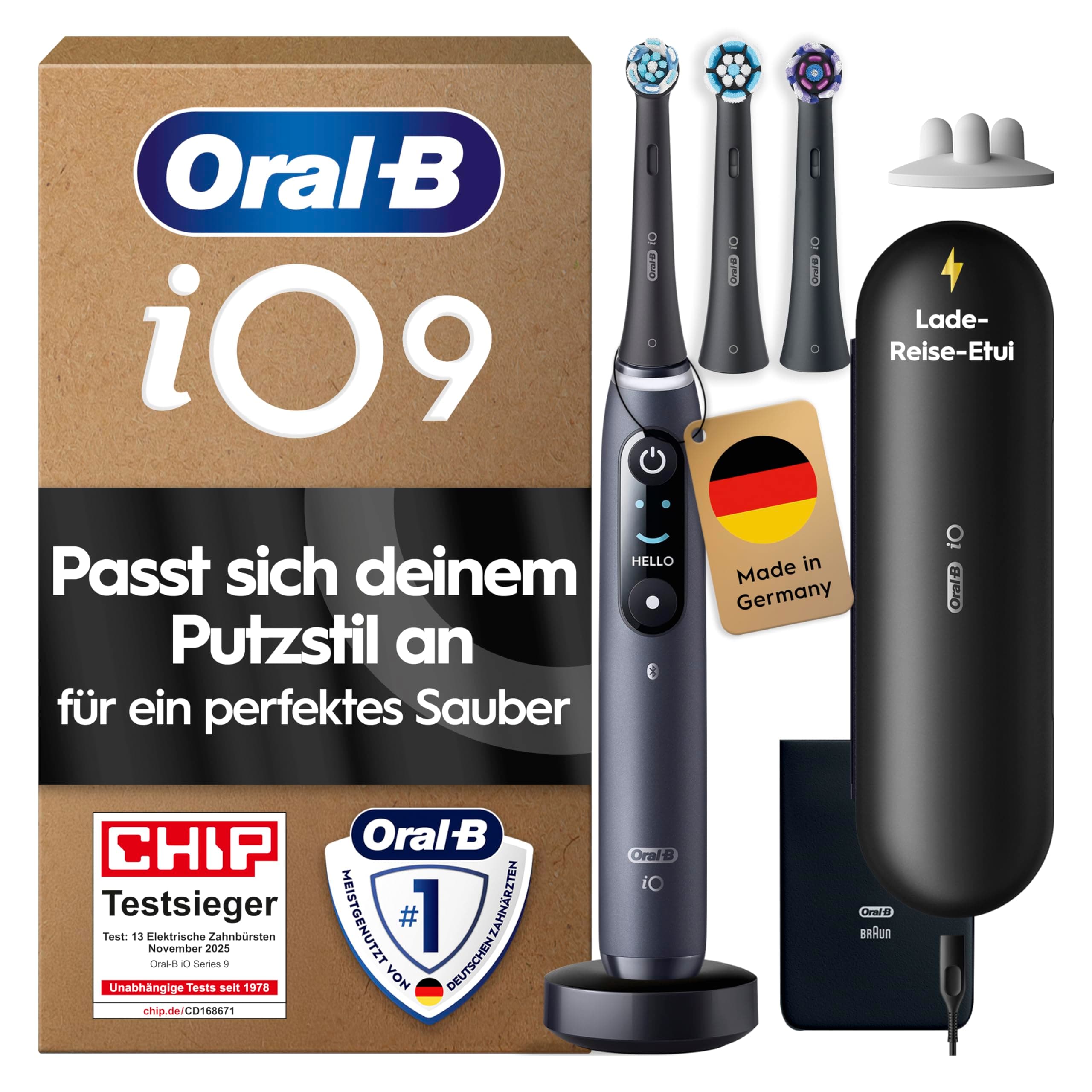 Oral-B iO Series 9 Elektrische Zahnbürste mit 3 Aufsteckbürsten, Schwarz - Electric Toothbrush, CHIP Testsieger (11/25), Inkl. 7 Modi für Zahnpflege, Designed by Braun