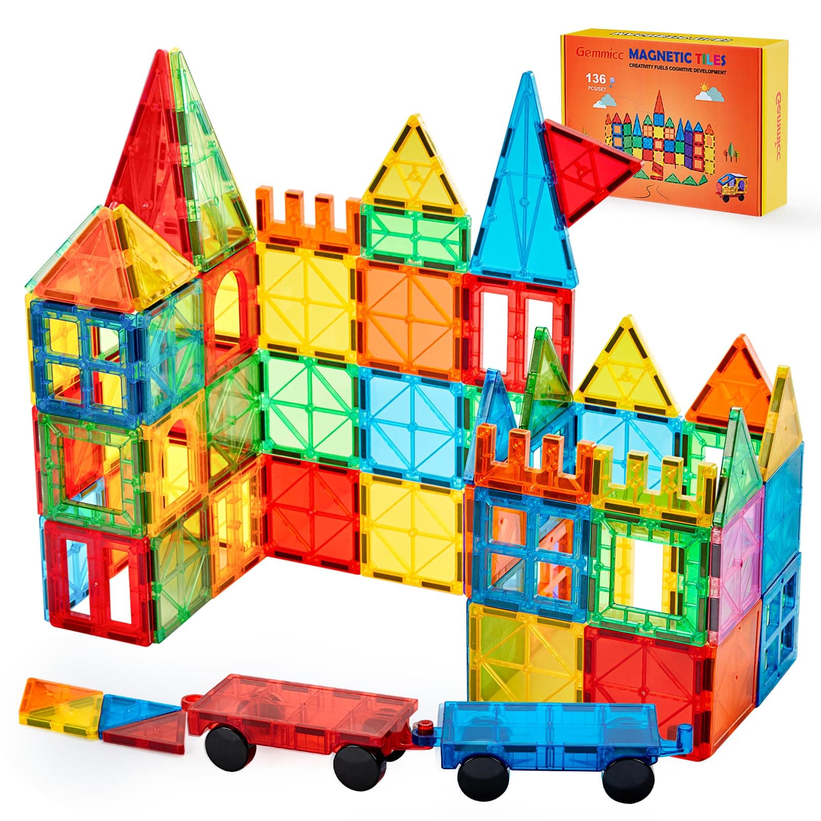 Gemmicc Baldosas Magnéticas, Set Deluxe 136 Piezas para Construcción Magnética, Bloques Magnéticos 3D para Niños y Niñas, Gran Set con 2 Coches