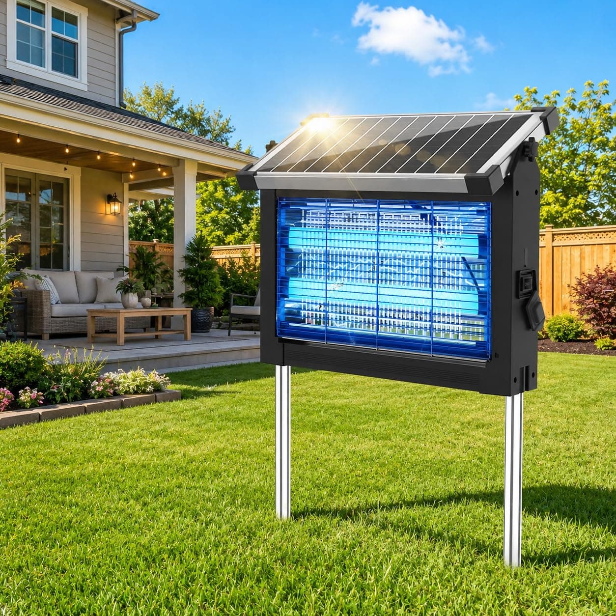 Dnenellr Lampe Anti Moustique Extérieur Solaire, Étanche IPX5 (Noir) | Panneau Solaire Réglable, 4500 V, Batterie 4000mAh, Capteur Crépusculaire, USB-C et Câble de 3M pour Terrasse et Jardin