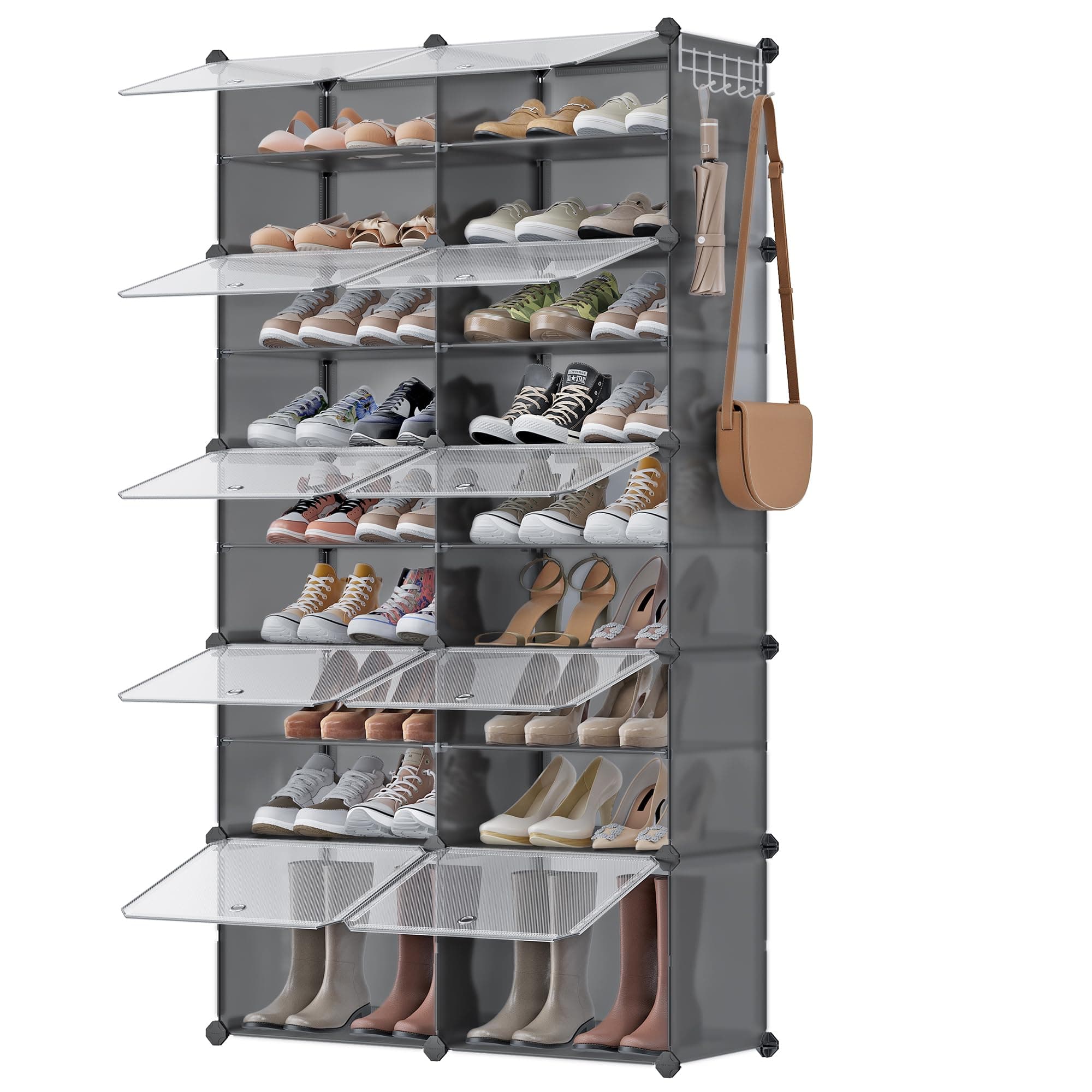 SONGMICS Scarpiera, Scaffale Modulare a 10 Scomparti per 40 Paia di Scarpe da Ingresso, con Sportelli, Telaio in Acciaio e Ripiani in Plastica, Camera da Letto, Grigio Ardesia e Trasparente LPC035G01