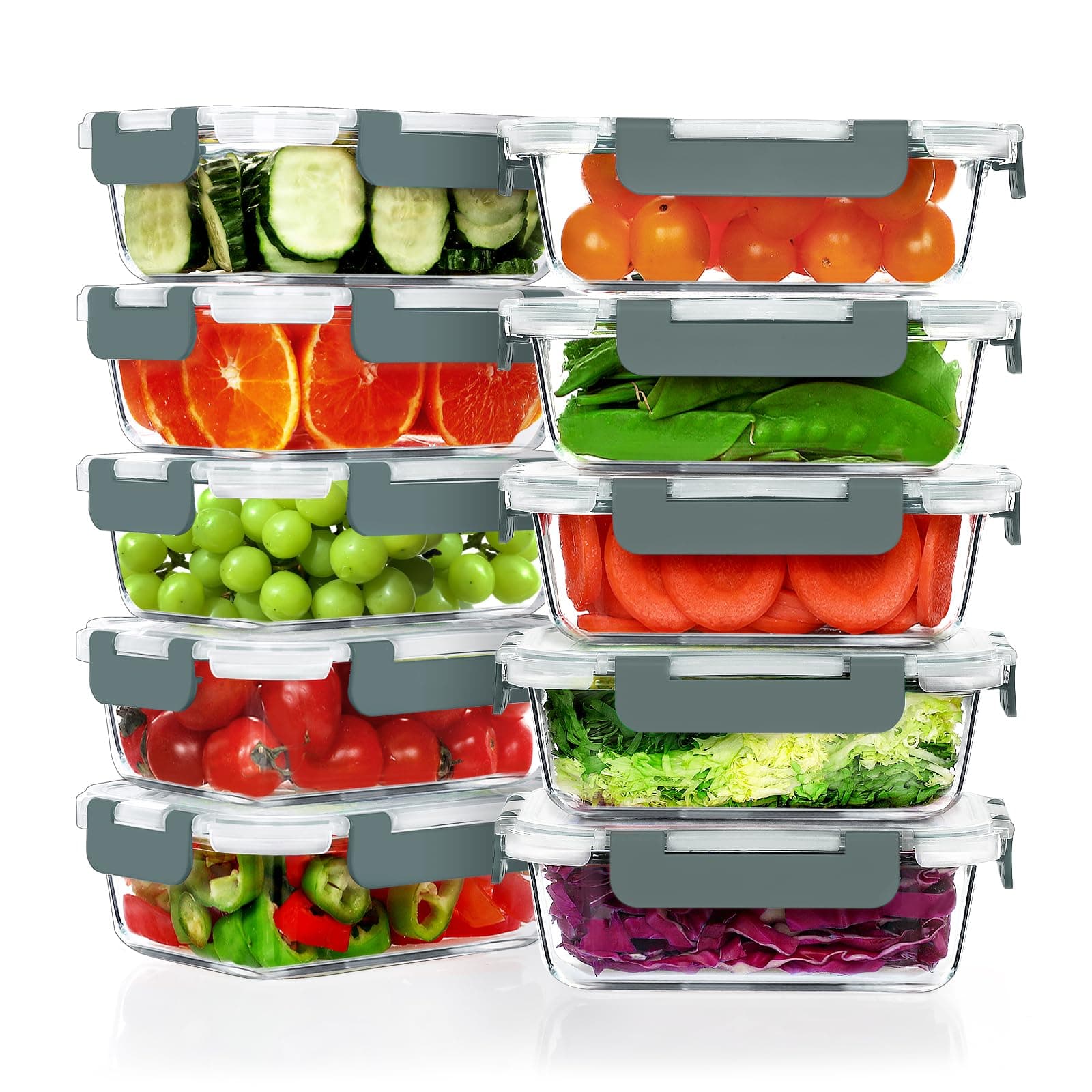 VERONES Lot de 10 boîtes à lunch en verre de 22 oz, ensemble de contenants hermétiques pour aliments avec couvercles, sans BPA, micro-ondes, four, réfrigérateur et lave-vaisselle sécuritaires, gris