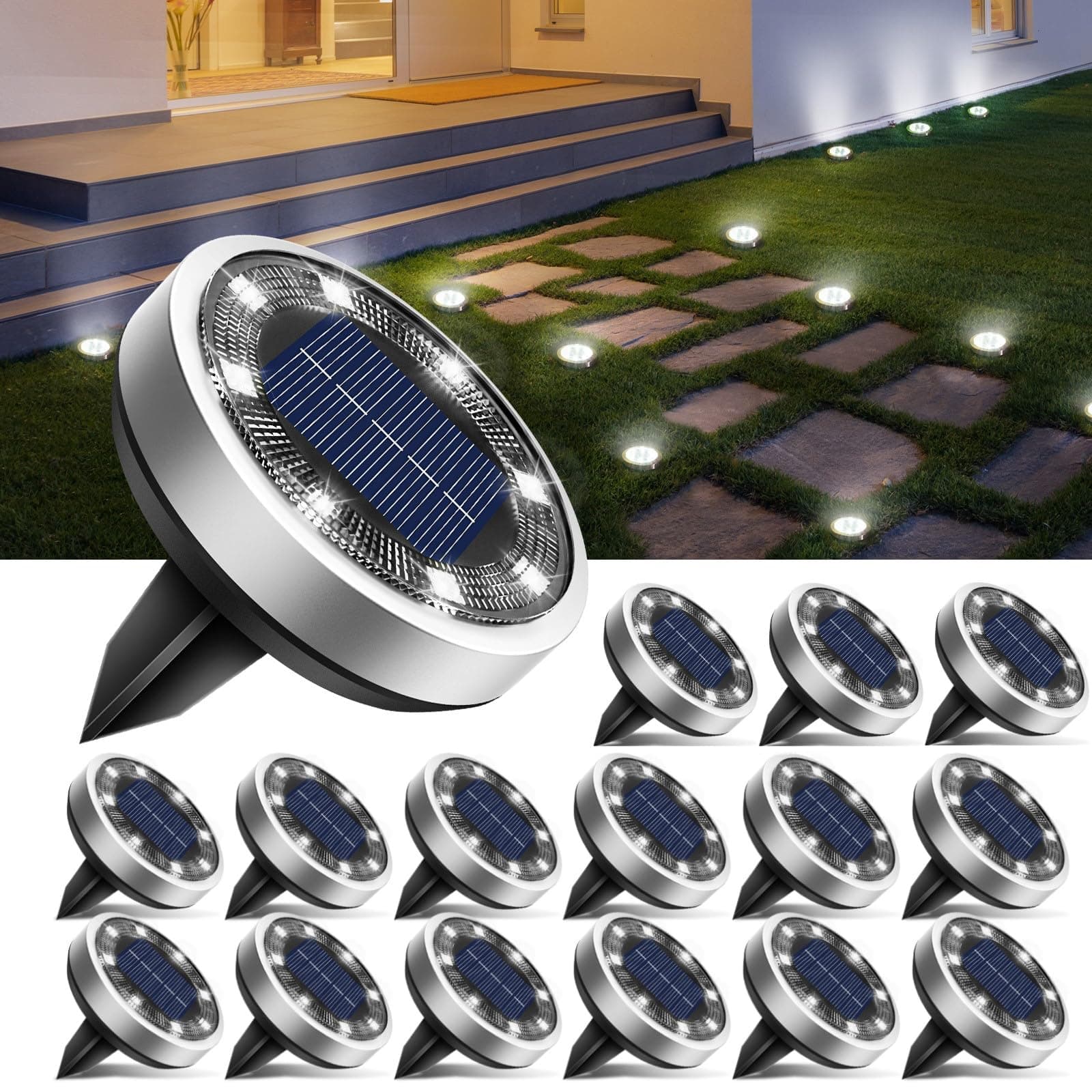 btfarm 16 Pezzi Luci Solari da Giardino, 8 LEDs Faretti Sepolta Solari a Led da Esterno, IP65 Impermeabile Lampade Solare da Terra per Prato Vialetto Strade Paesaggio, Bianco Freddo