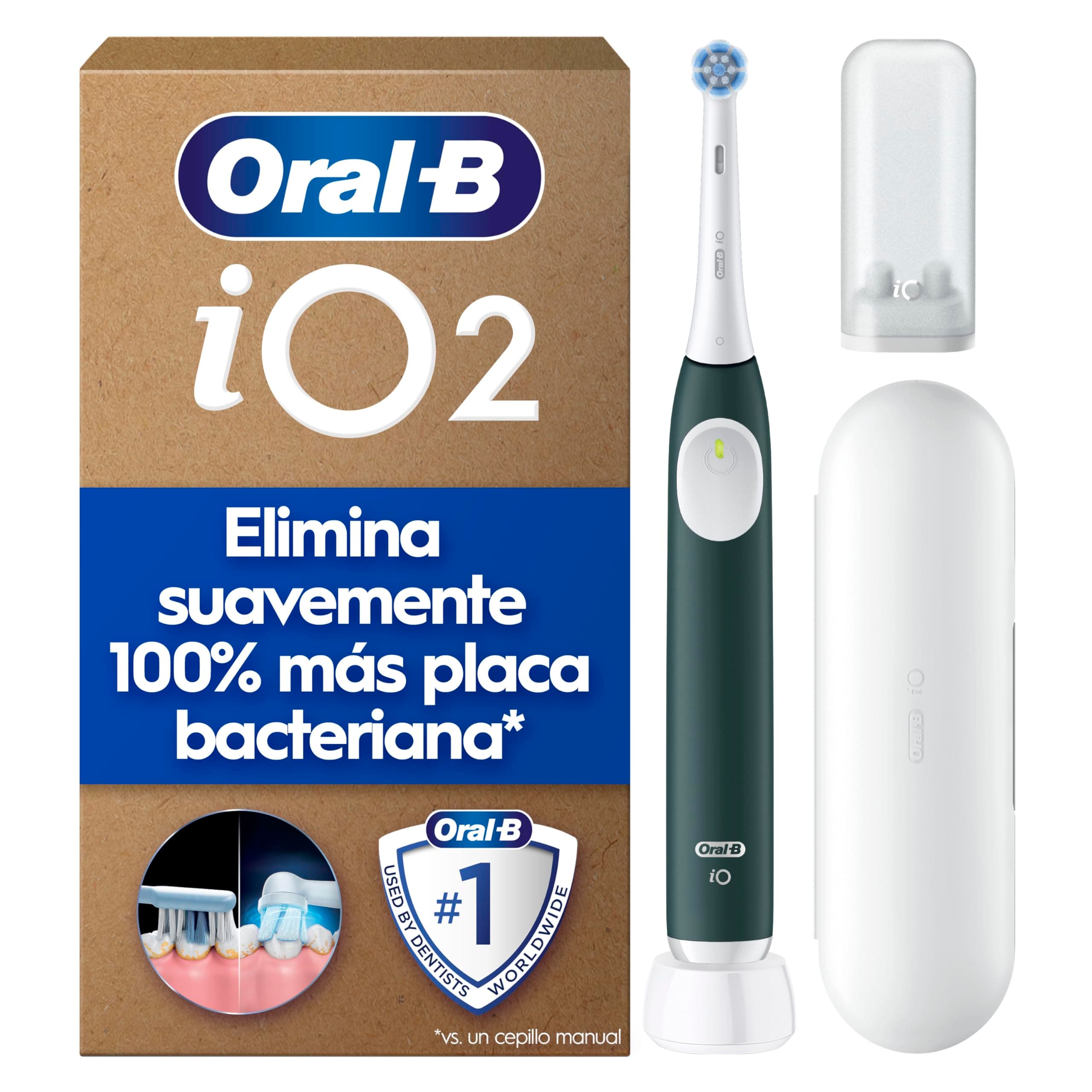 Oral-B iO 2 Cepillo de Dientes Eléctrico, 1 Cabezal, Estuche De Viaje, Verde Bosque - Cepillo Dental con Sensor De Presión, 3 Modos De Cepillado Y Temporizador, Soporte de Recambios de Viaje,