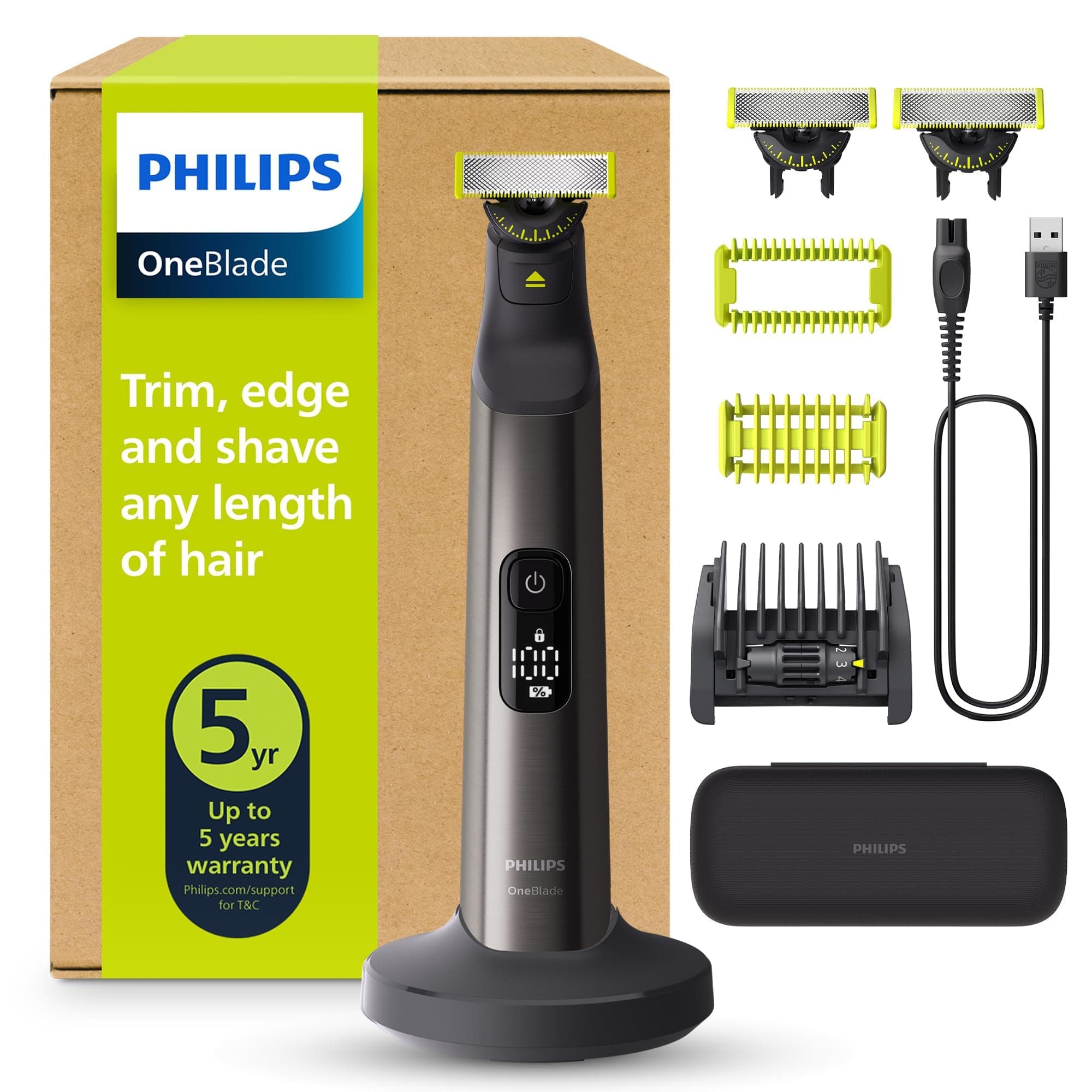 PHILIPS OneBlade Pro 360 Face & Body - elektrischer Rasierer, Trimmer & Bodygroomer, 3 x 360 Klingen, Präzisionskamm, 2x Körperaufsätze, Reiseetui, Ladestation, für Gesicht & Körper (QP6652/35)