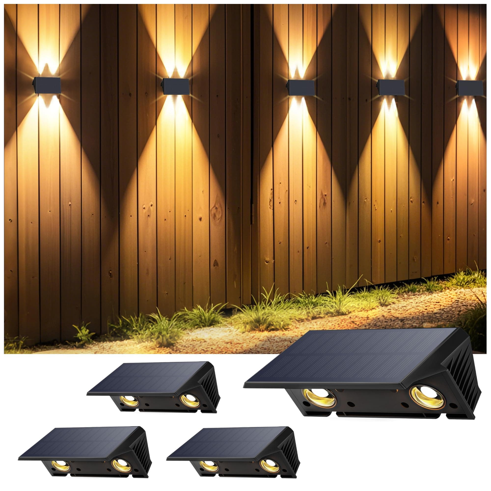 IIRARA Lampada Solare da Esterno di 4 Pezzi Alto e Basso Luci Solari Esterno Energia Bianco Caldo Illuminazione per Esterni 100LM Applique da Solare IP67 per Muro Vialetto Giardino