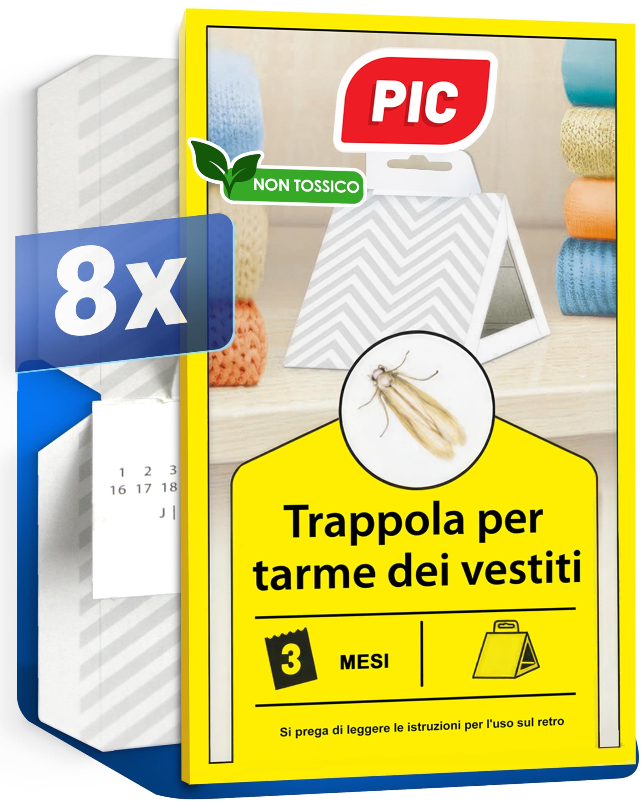 PIC Trappole Tarme Vestiti 8X – Antitarme per Armadi Vestiti con Feromoni – Trappole Adesive Anti Tarme Vestiti Armadio, Protezione fino a 3 Mesi per Armadio e Cassetti