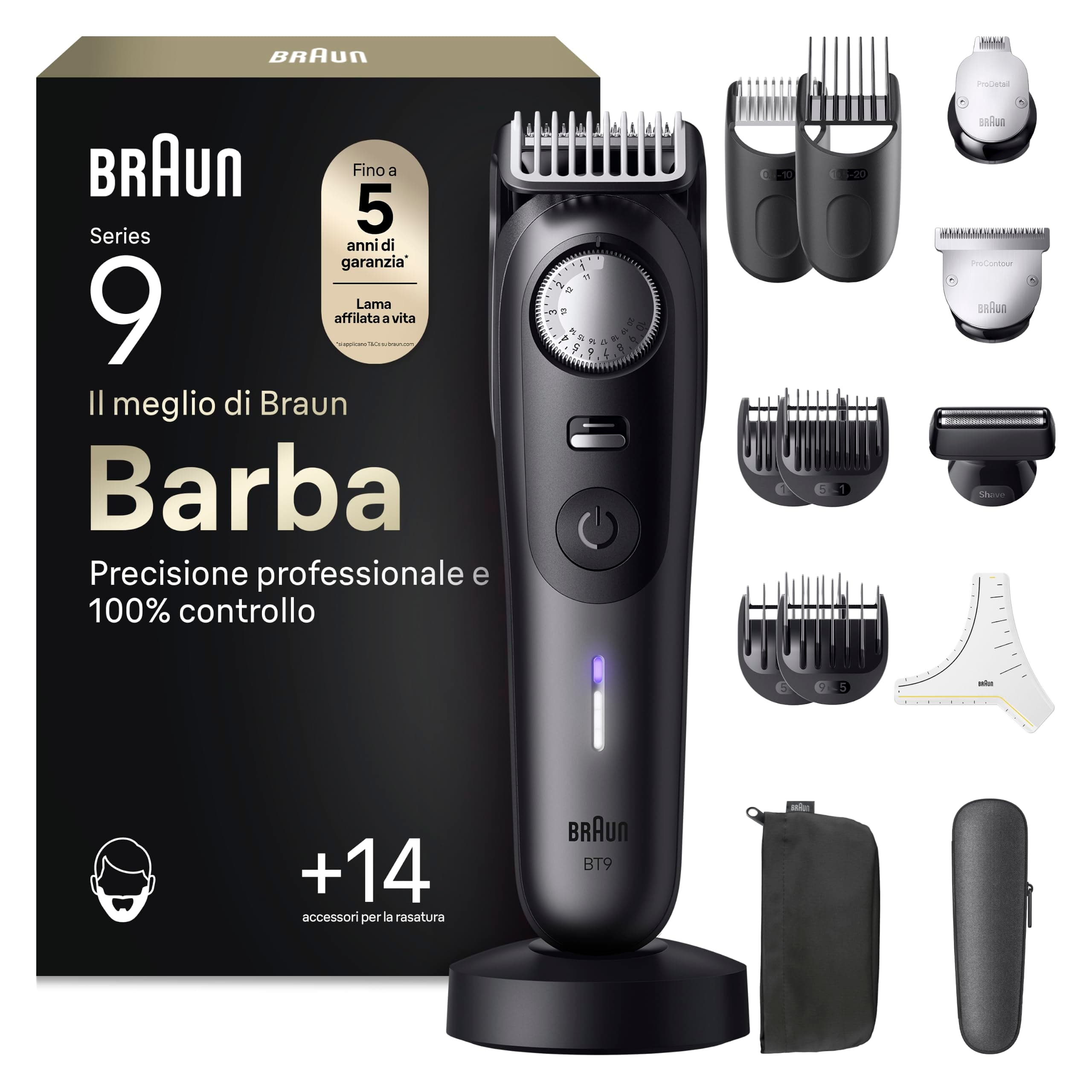Braun Regolabarba Uomo Serie 9, +14 Strumenti da Barbiere, Rasoio Elettrico Barba, Taglia Peli Naso, Lama Problade Affilata a Vita, 180 Min, Selettore di Precisione, Impermeabile, Bt9565, Titanio