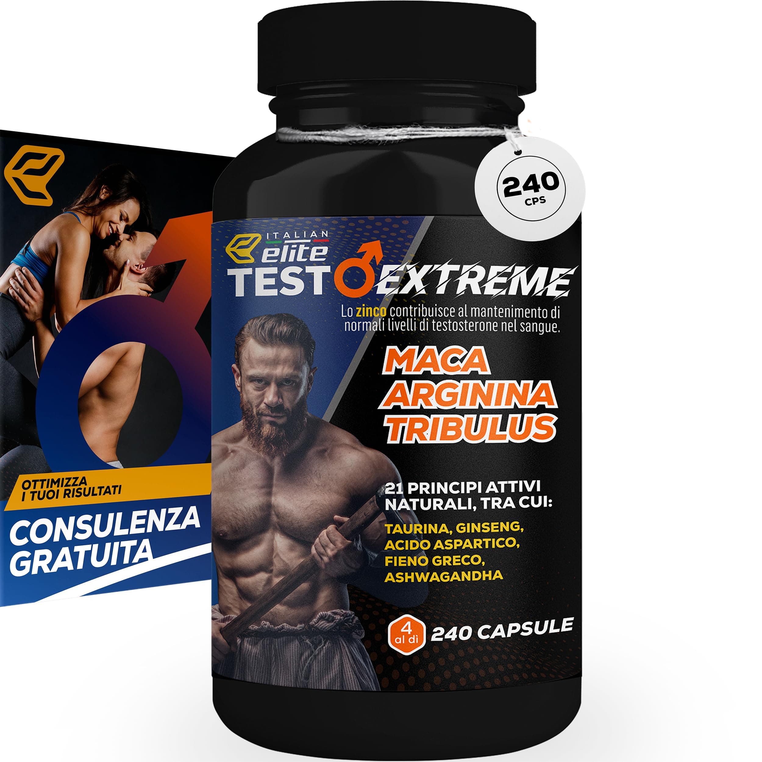 Italian Elite® Testo Extreme 240 caps Maca 8000mg. Tribulus, Fieno Greco, Zinco, Arginina, Ashwagandha, Vitamine e Minerali. Forza Energia Resistenza!