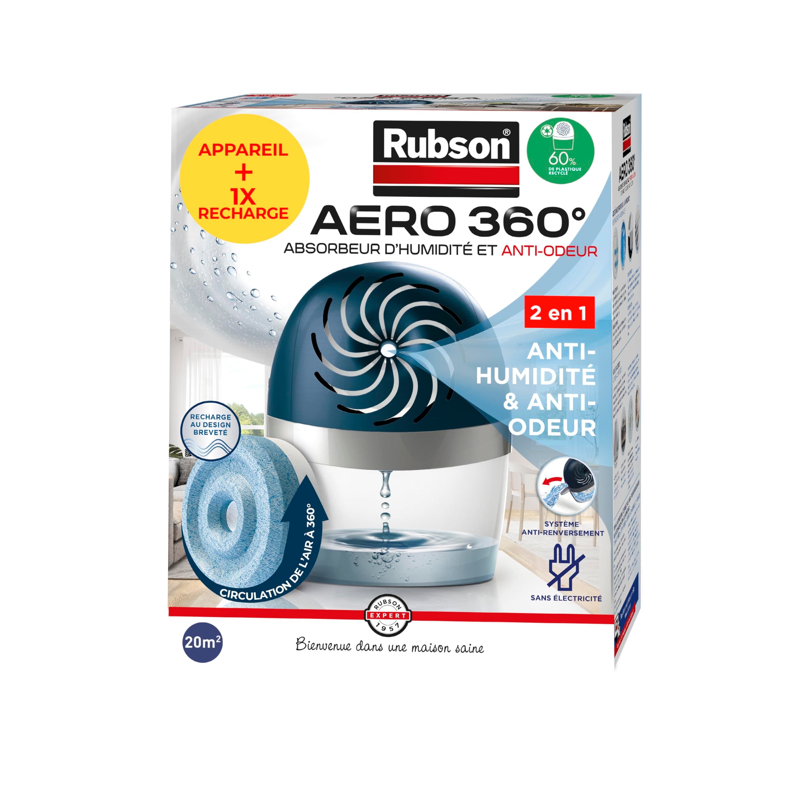 Rubson – Absorbeur d'Humidité Aero 360 pour pièces de 20 m² – Déshumidificateur d'air anti-odeurs & anti-moisissures – 1 recharge neutre de 450 g incluse