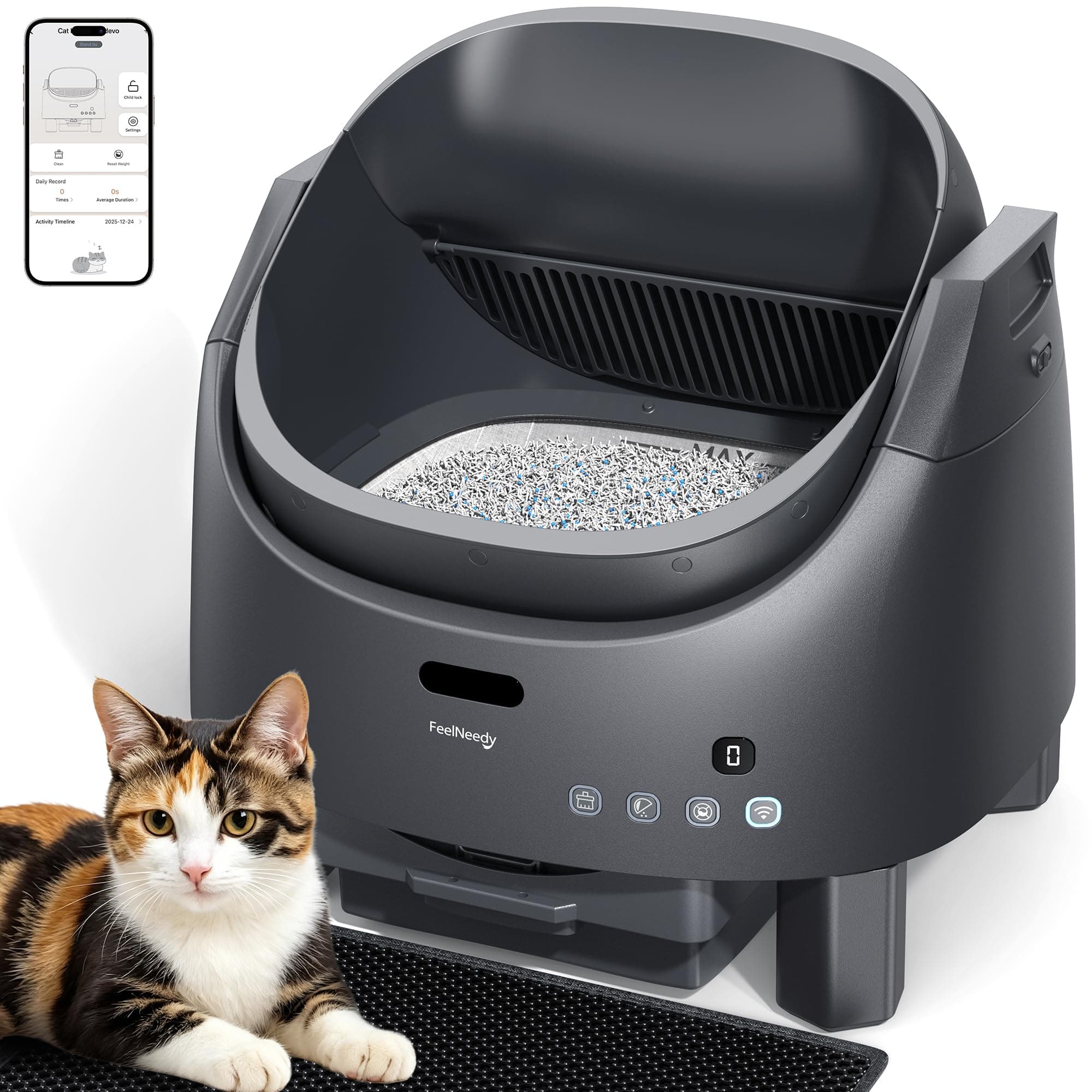 FEELNEEDY Arenero Gatos Autolimpiable, Arenero Automático con Sistema de Neutralización de Olores, Tapa Abierta para Gatos 1-15kg, Control App & Seguridad Multi-Sensores, Altura de Entrada Regulable