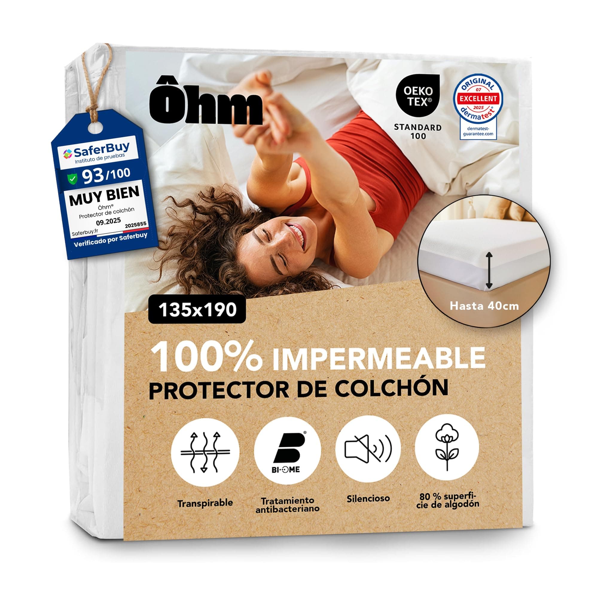 Protector Colchón 135x190 cm | Cubrecolchón Impermeable e Imperceptible | Algodón Hipoalergénico y Absorbente | Antiácaros | Forma de Bajera | hasta 40 cm | Funda Transpirable | Oeko-Tex | Ôhm