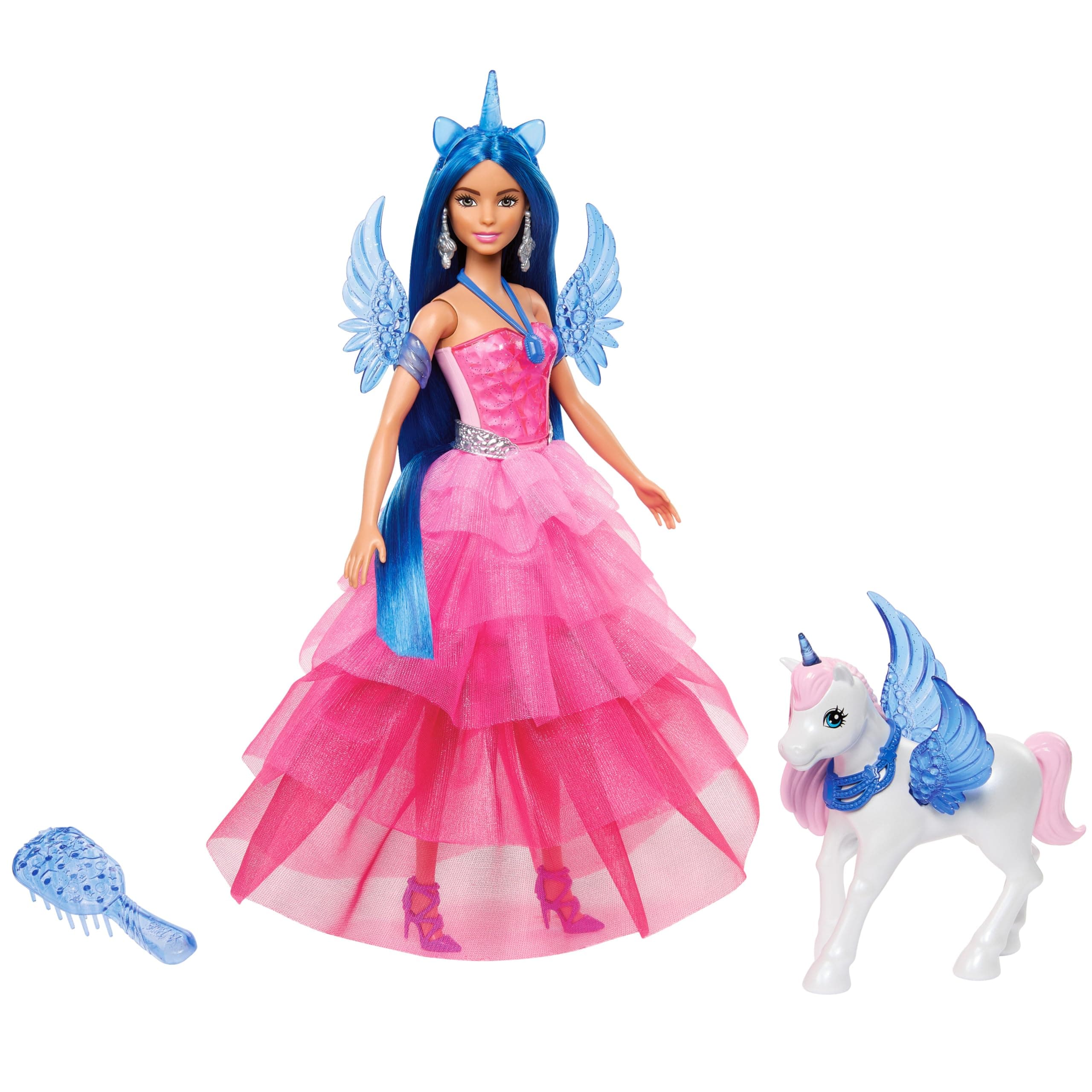 Barbie Ein verborgener Zauber - Puppe mit Einhorn, pinkfarbenes Kleid mit Saphirblauen Details, Einhorn-Stirnband, abnehmbare Saphirflügel und Schwanz, für Kinder ab 3 Jahren, HRR16