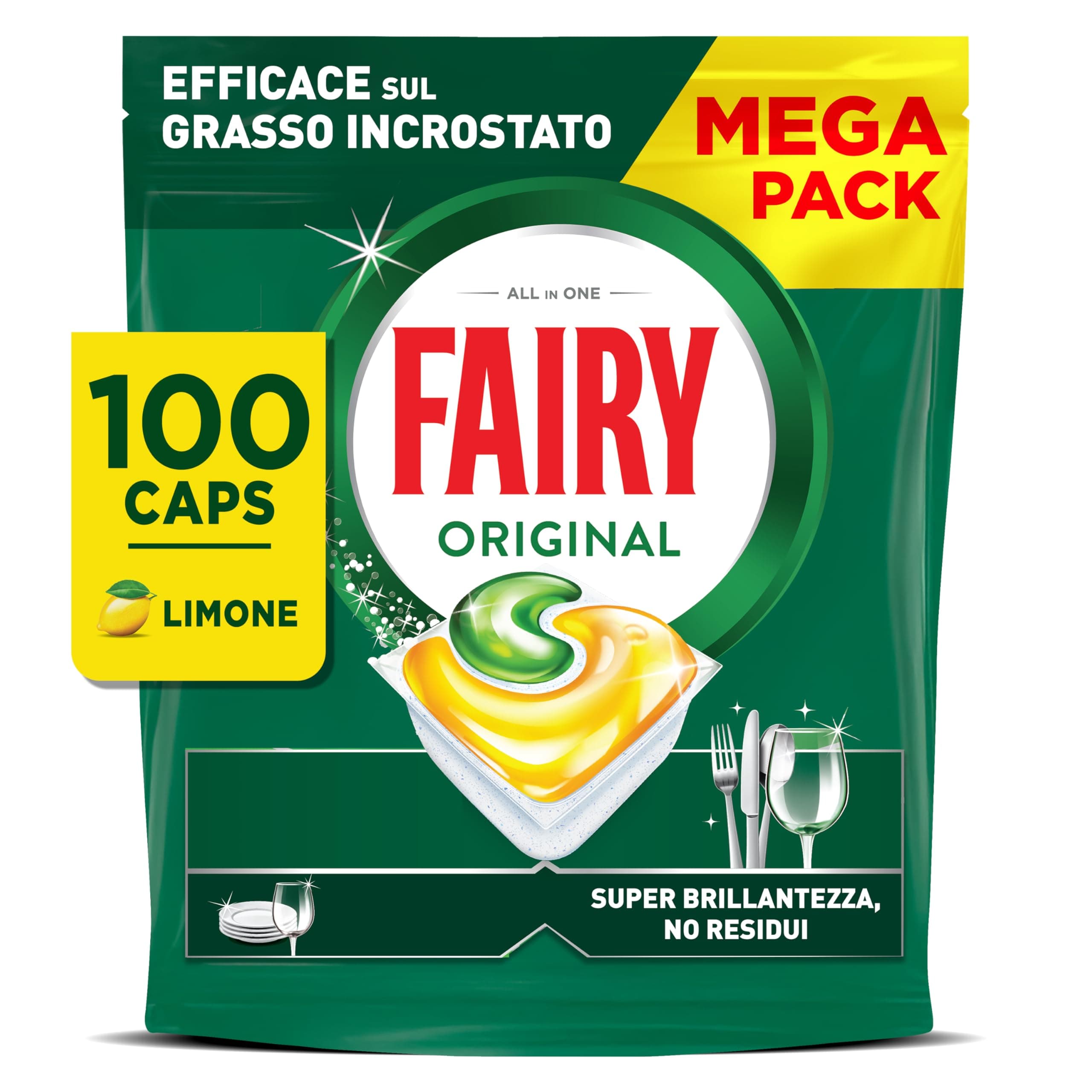 Fairy Original Pastiglie Lavastoviglie, 100 Capsule, Limone, Detersivo Con Azione Pulente Al Primo Lavaggio, Efficace Sul Grasso Incrostato Con Azione Brillante