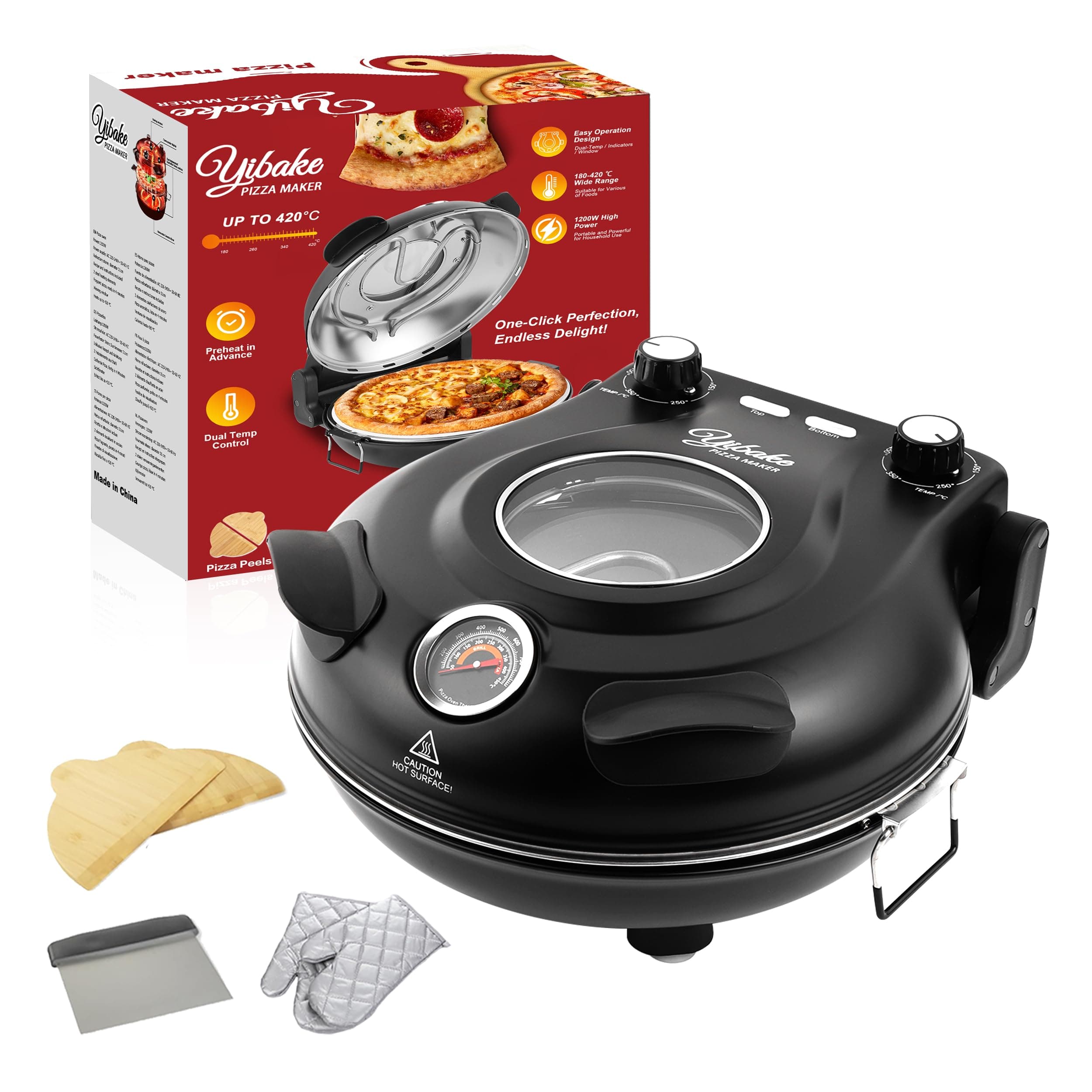 YIBAKE Four Pizza Electrique, Cuit une Pizza en 4 minutes, Pierre à pizza de Φ 31cm, Max 420°C Four a Pizza, 1200W, Pelle à Pizza, Grattoir et Recettes inclus