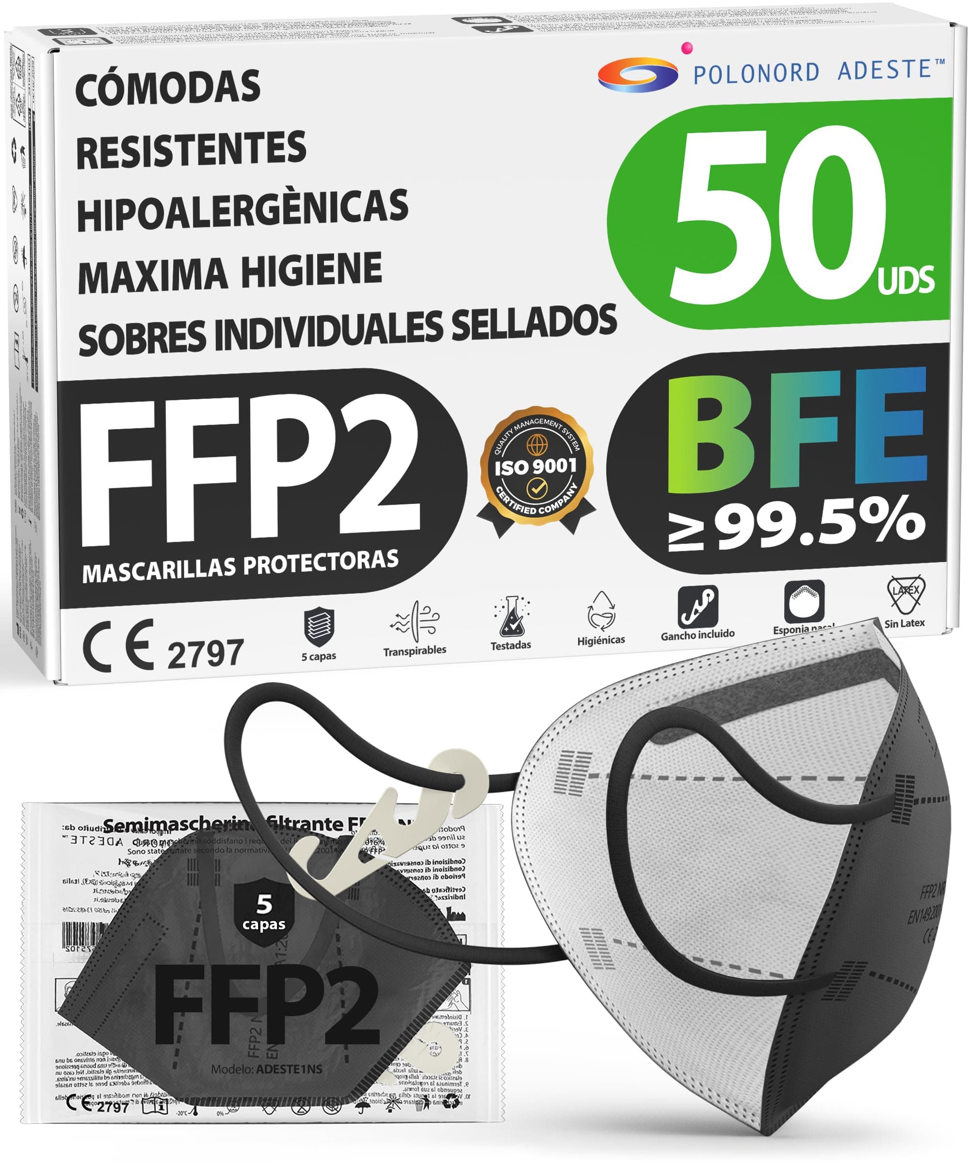 ADESTE – 50 Mascarillas FFP2 NR D Negras con Certificado CE, cadena controlada, elásticos cómodos, hipoalergénicos y regulables. Seguras: potencia de filtrado BFE >99,5%. Sobres individuales sellados