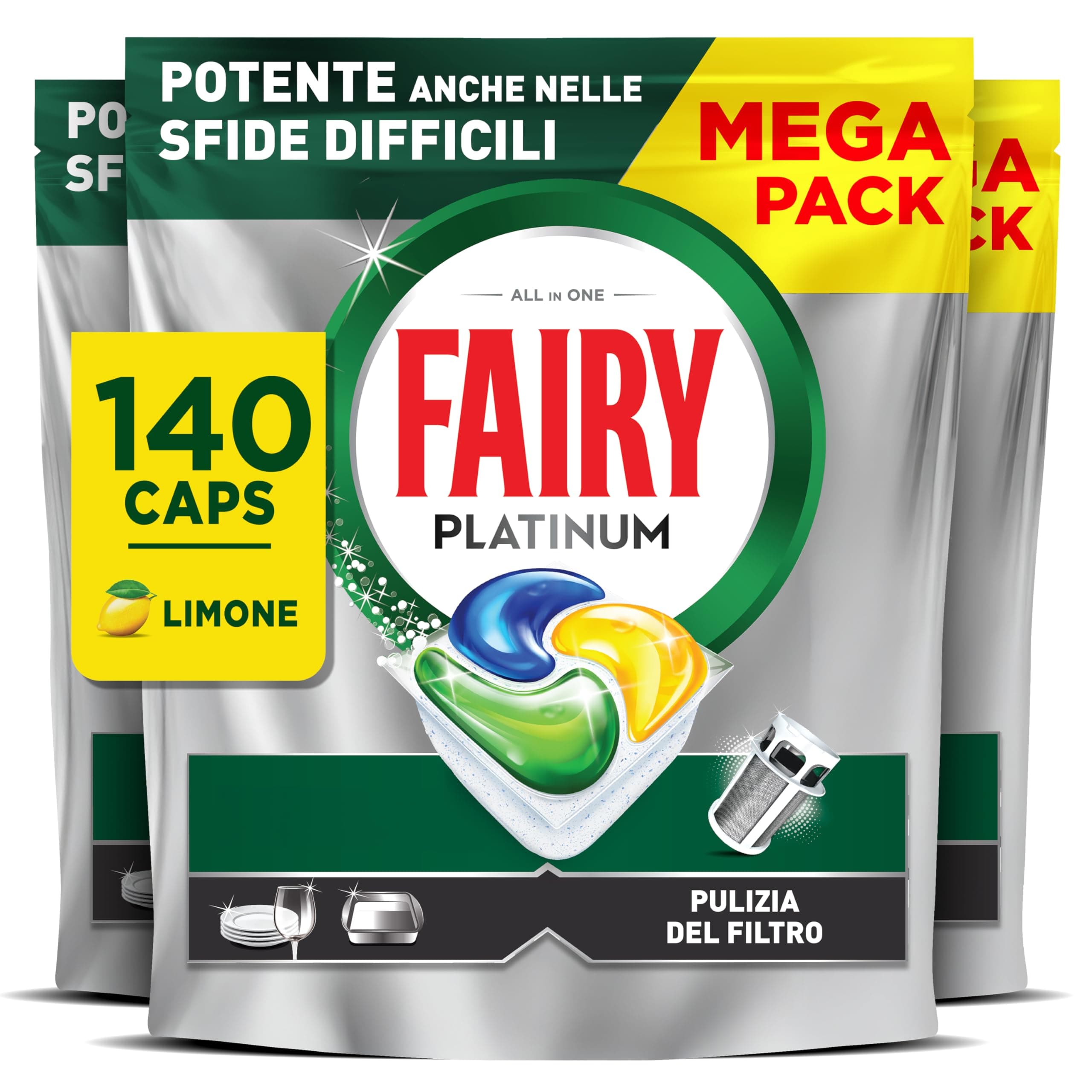 Fairy Platinum Detersivo Pastiglie Lavastoviglie Brillantante, 140 Capsule Lavastoviglie, Limone, Con Sistema Di Prelavaggio Integrato, Efficace Nelle Sfide Difficili Contro Lo Sporco