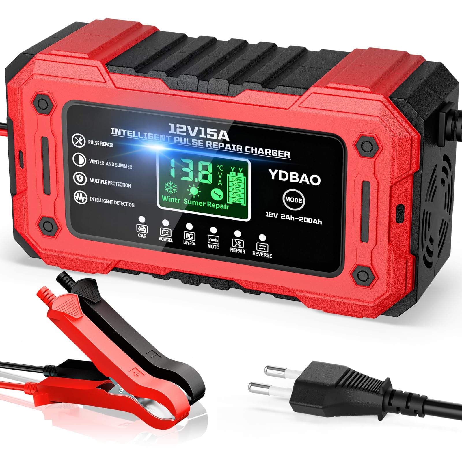 YDBAO 12V 15A Cargador de Batería de Coche Cargador Baterias Coche y Moto Inteligente con Reparación y Pantalla LCD y Múltiples Protecciones Cargador bateria para Coche Moto AGM SLA Gel LiFePO4
