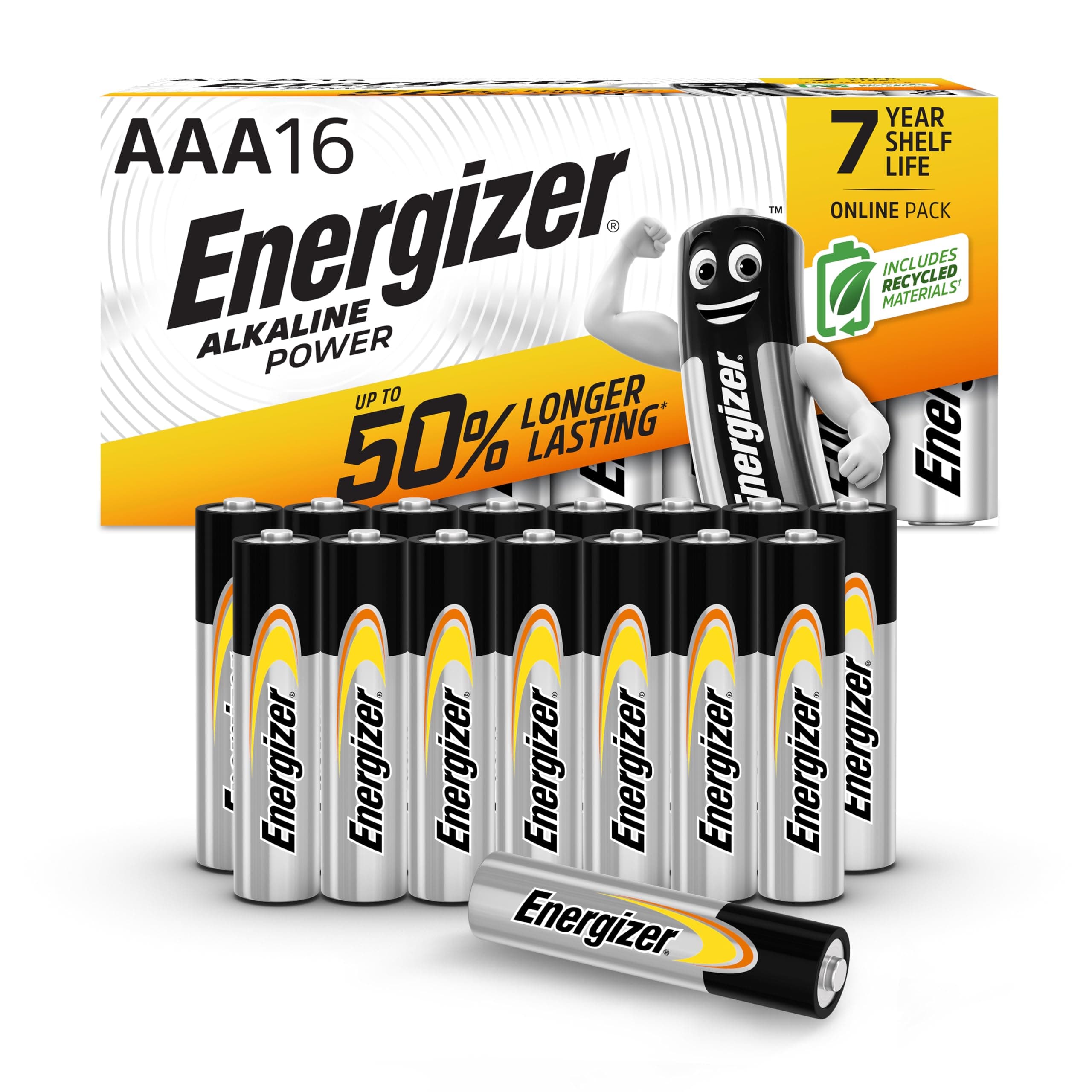 Energizer Alkaline Power - Pile AAA (Confezione da 16) Batterie Alcaline 1,5V - potenza di lunga durata - 100% imballaggio riciclabile privo di plastica - 7 anni di conservazione [Esclusiva Amazon]