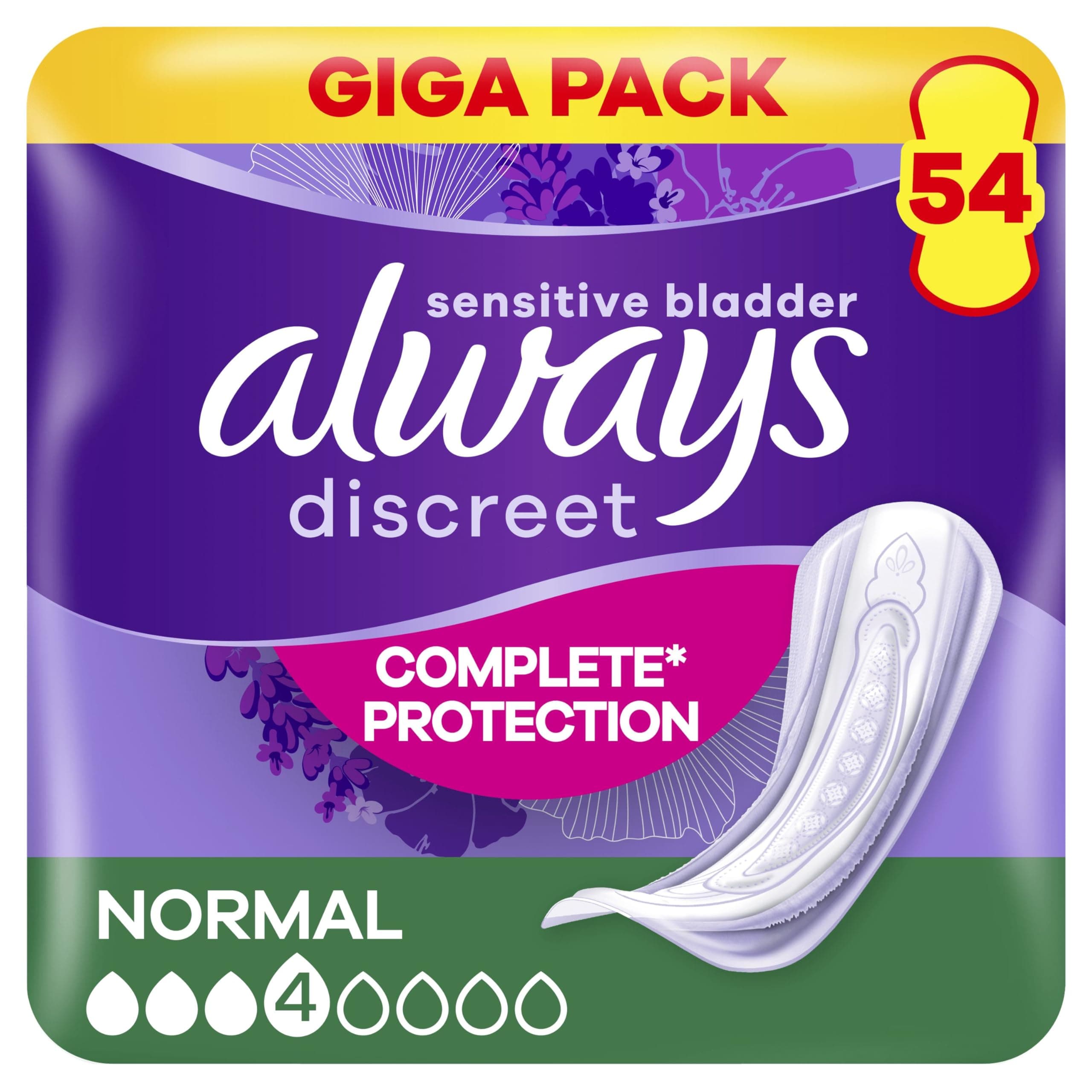 Always Discreet Serviettes Pour Fuites Urinaires Femmes Normal, Protection Intégrale, Discrétion, 54 Serviettes