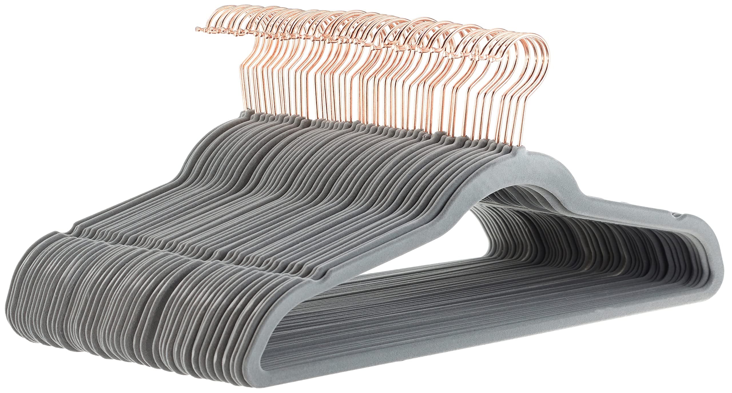 Amazon Basics Paquete de 50 perchas antideslizantes, delgadas, con acabado de terciopelo, color gris/dorado rosa