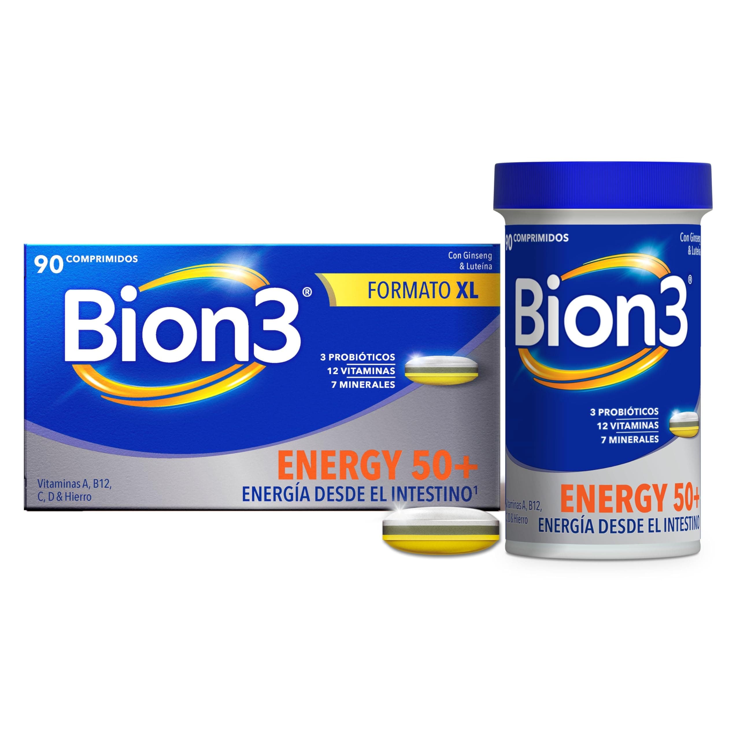 Bion3 Energy 50+ Comprimidos Multivitamínicos con Probióticos, Complemento Alimenticio, Energía Física y Mental¹, Vitamina C, D, A, Complejo B, Hierro