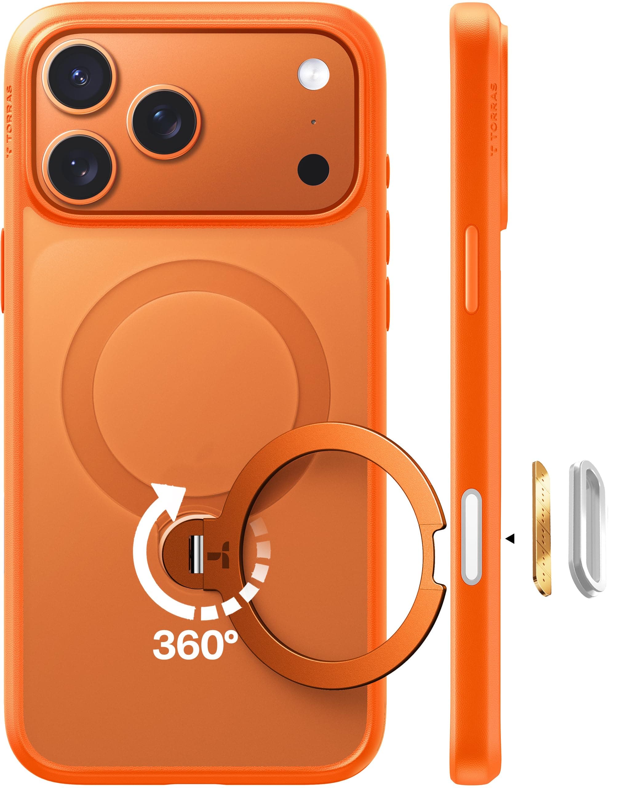 TORRAS Ostand Q3 Spin für iPhone 17 Pro Hülle (360°Stabilen Ständer für Magsafe) Militärschutz Handyhülle für iPhone 17 Pro Case mit Kamera-Tastenschutz Schlank Kratzfeste Matt Rückseite Orange