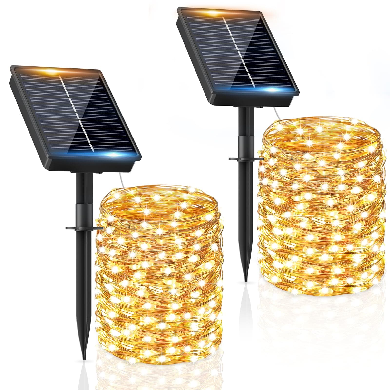 Lot de 2 guirlandes solaires d'extérieur - Étanchéité IP65 - 8 modes - Guirlande décorative pour jardin, terrasse, patio, festivals, mariages - 16 + 2 m - 160 LED - Blanc chaud