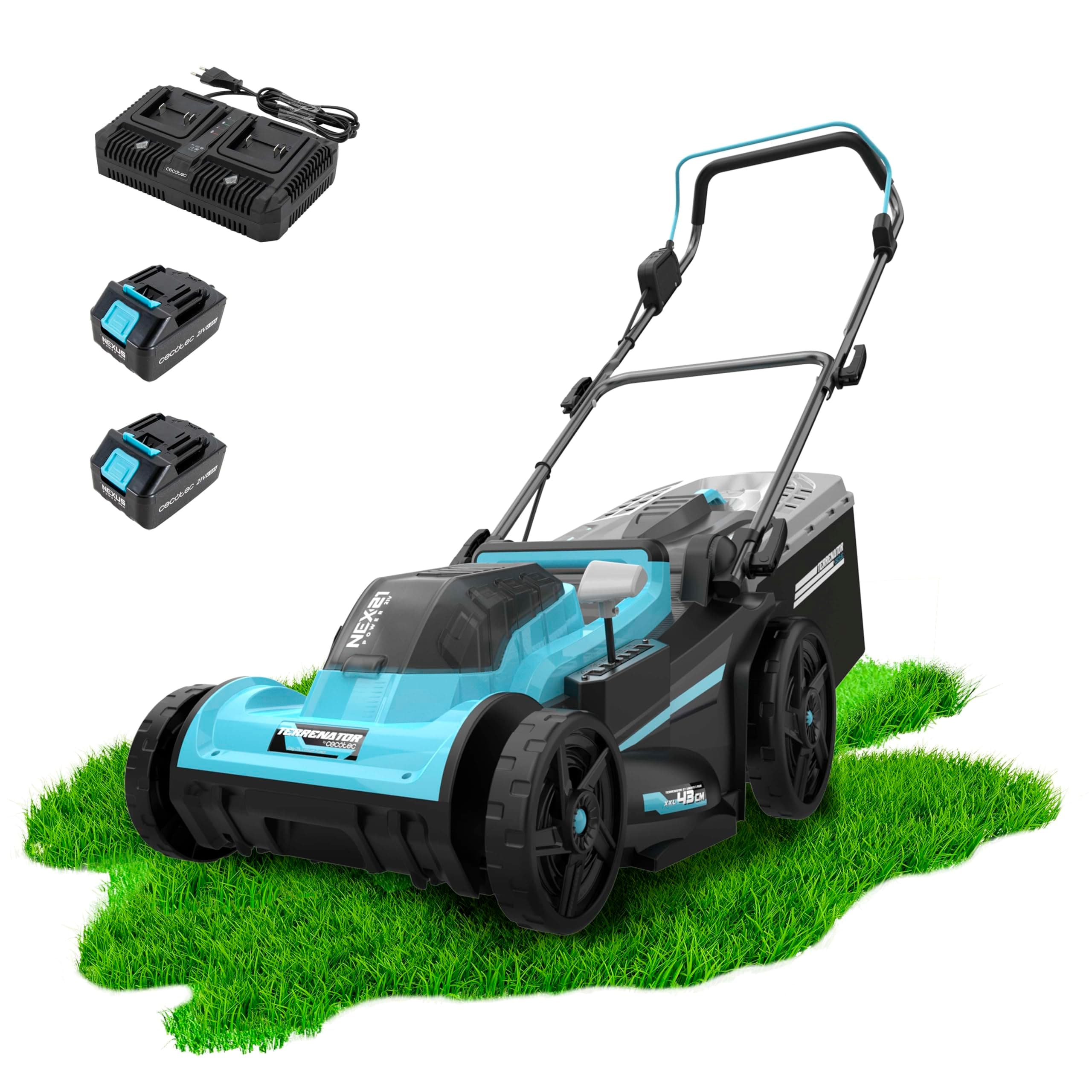 Cecotec Tondeuse à Gazon à Batterie sans Fil Terrenator E7 Liberty Z Plus. Moteur Brushless, Fonctionne avec 2 Batteries 21 V 4 Ah, Changement de Hauteur Système Z-Tech, Largeur 43 cm, Bac 45 L