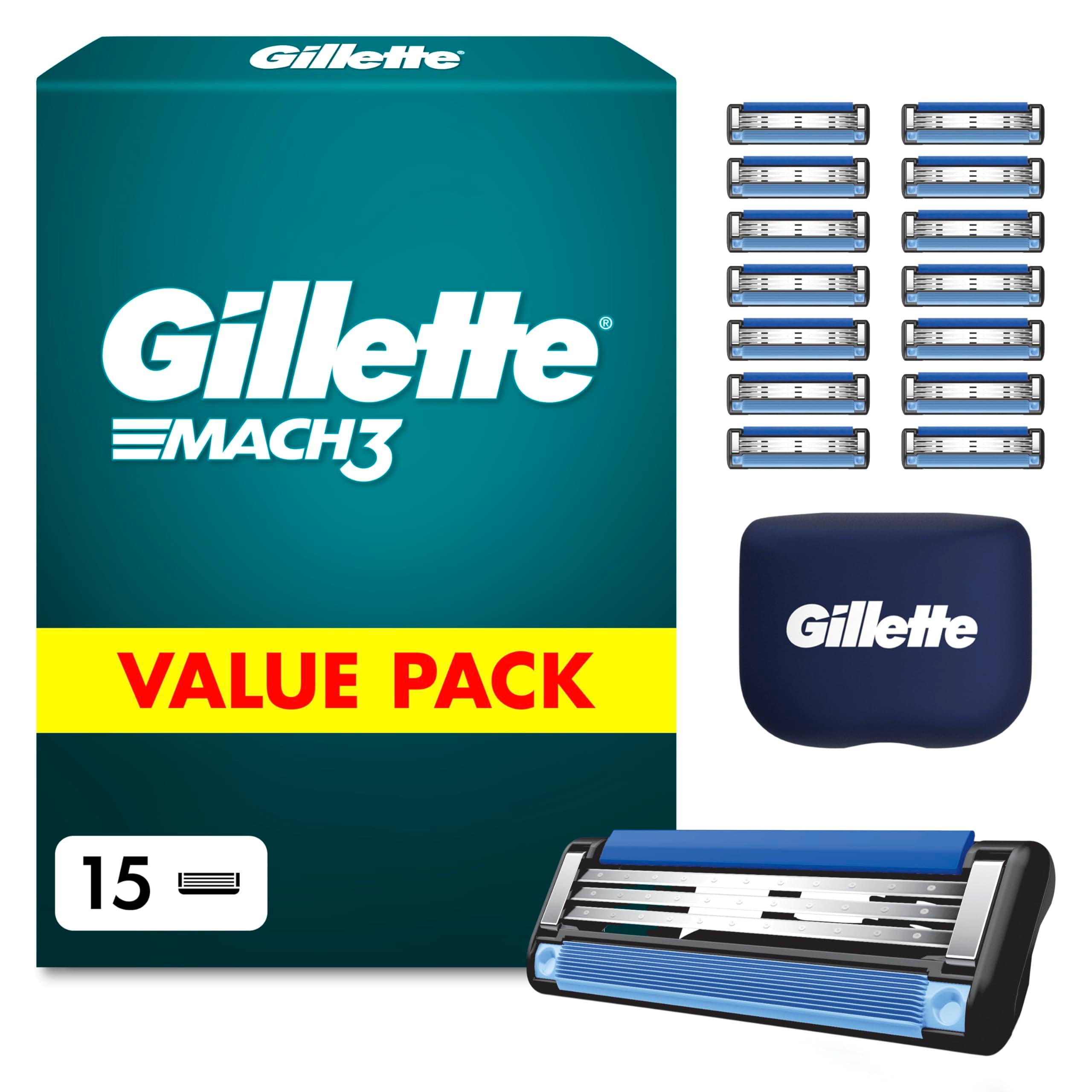 Gillette Mach3 Rasierklingen für Männer, 15 Original Ersatzklingen, Klingen für Herren mit Gleitstreifen für Ein Sanftes Gleiten und Neuer Klingenbeschichtung — Inkl. Reiseschutzkappe