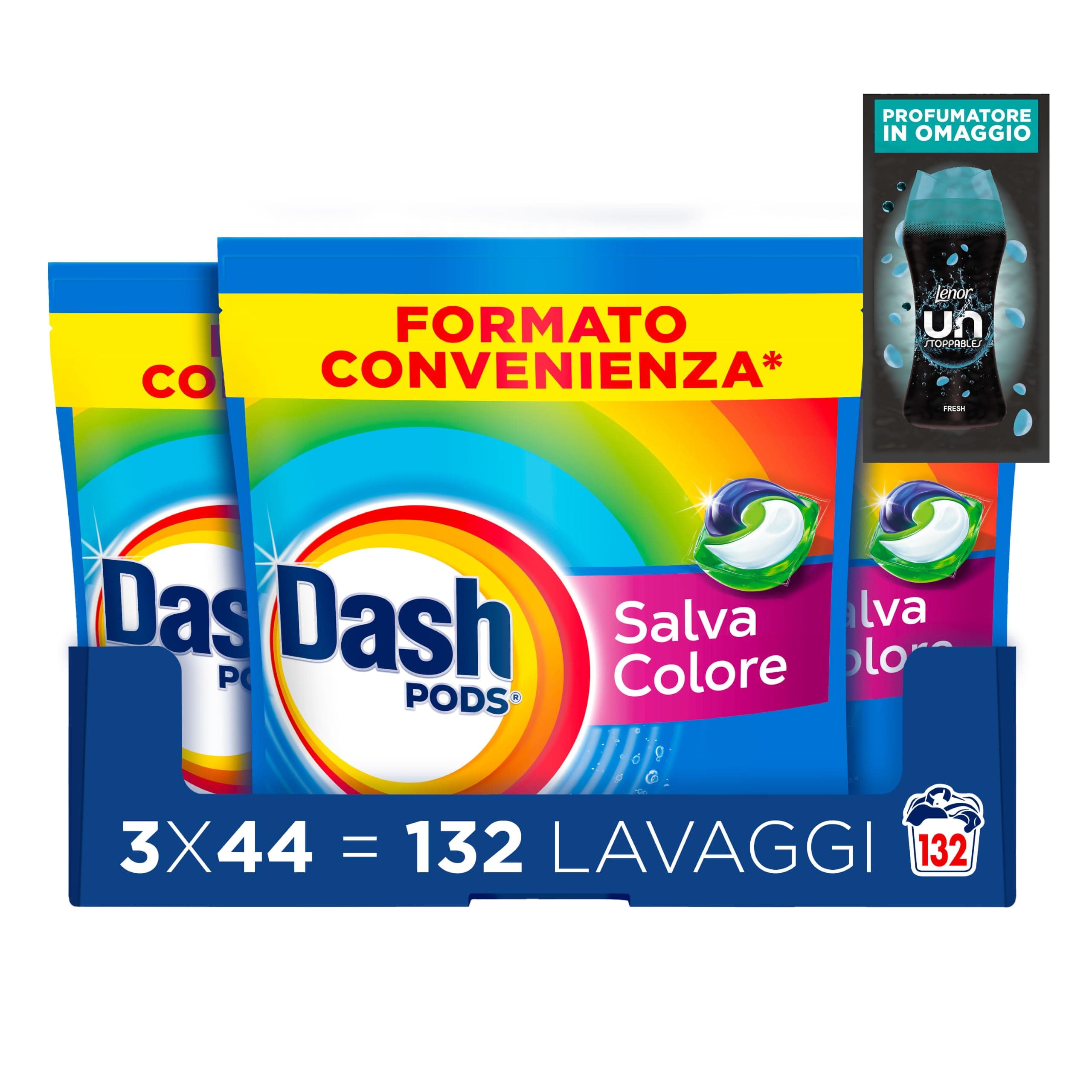 Dash Pods Detersivo Lavatrice in Capsule, 132 Lav, Salva Colore + Campione | Rimuove macchie, igienizza in 1 lavaggio, 3 additivi integrati, campione profumatore in regalo da 20 gr