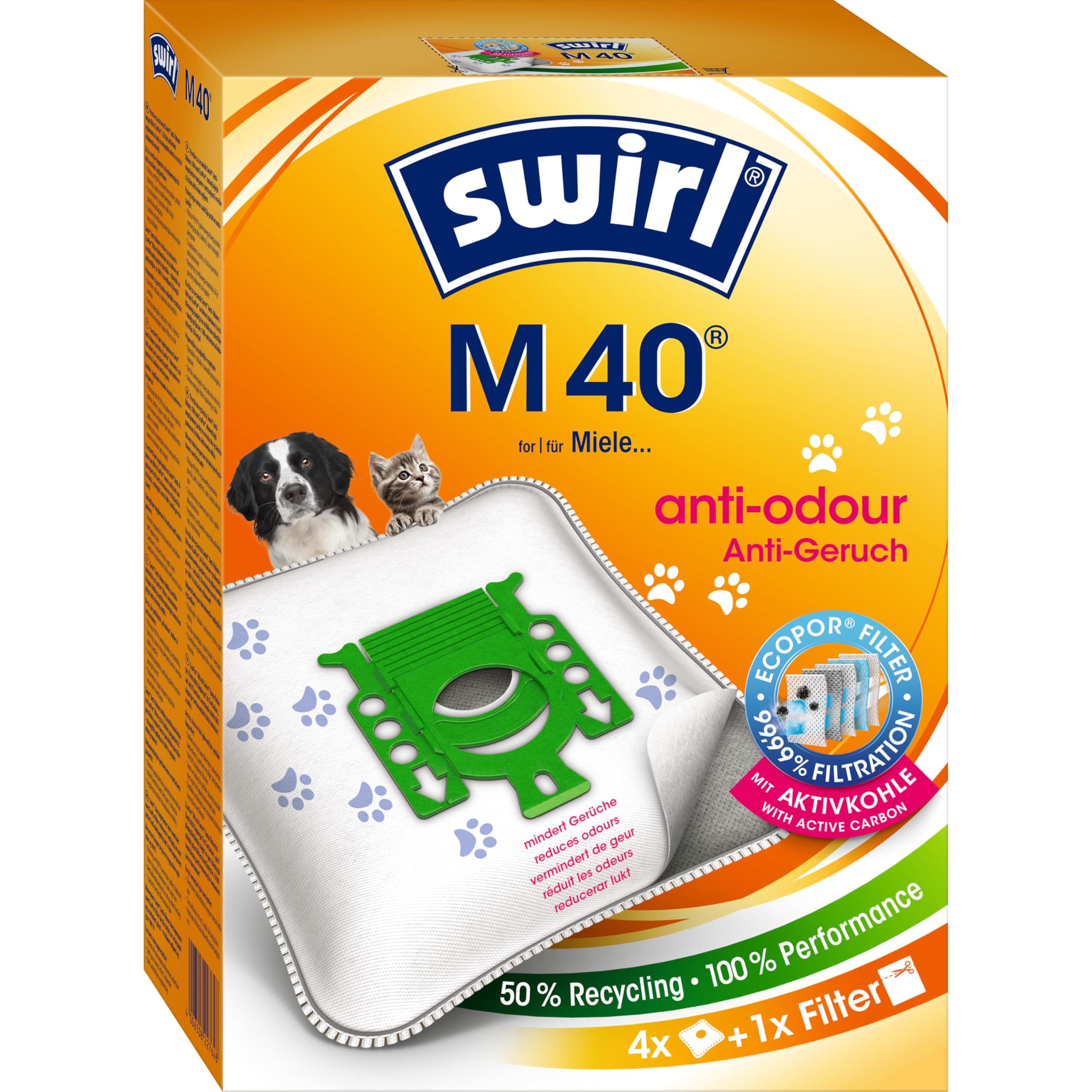 Swirl M 40 EcoPor Anti-Geruch Staubsaugerbeutel (4 Beutel), reißfeste Staubbeutel für einige Miele & Hoover Staubsauger, mit Geruchsfilter, 99,9% Filterung von Hausstaub & allergenem Feinstaub