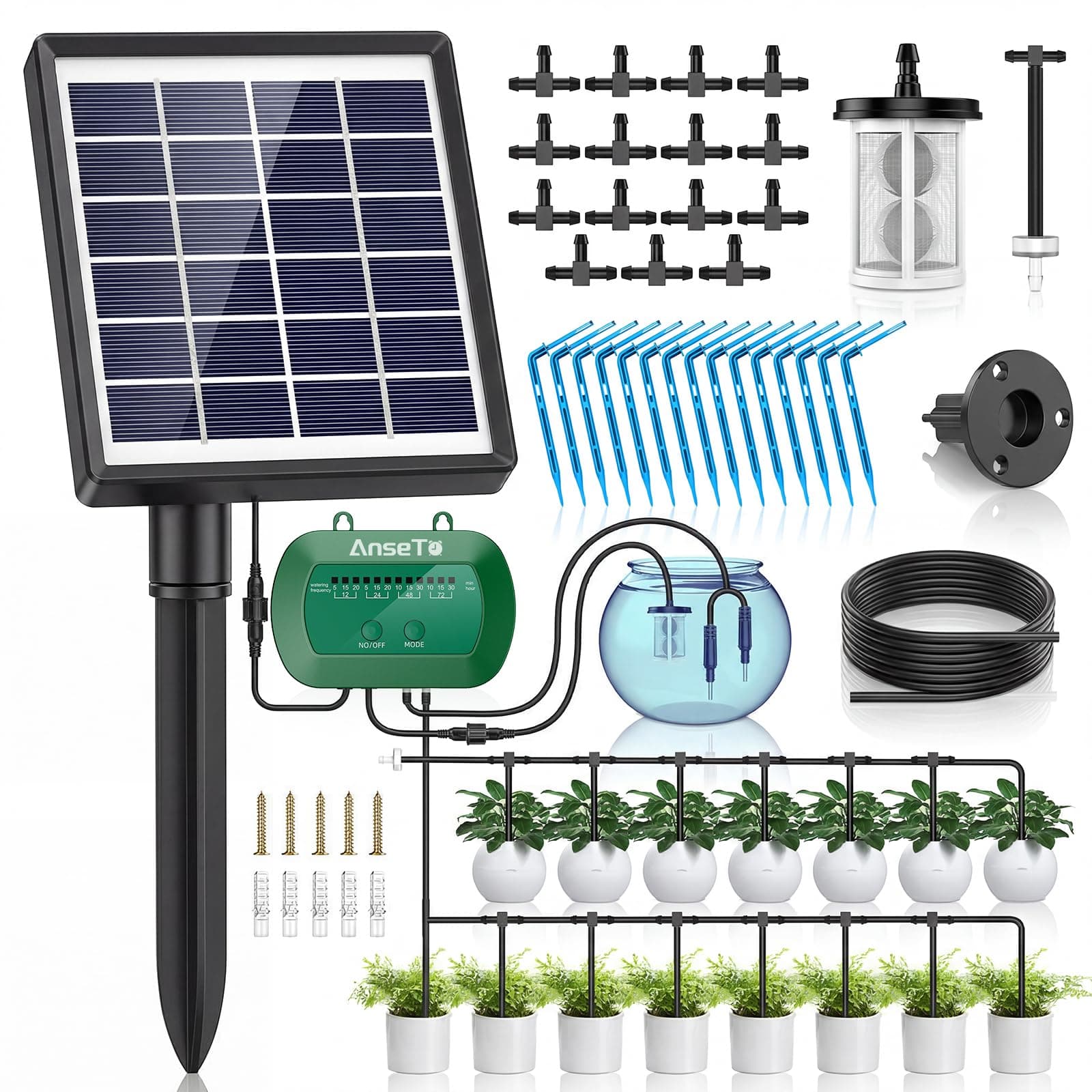 AnseTo Kit Arrosage Automatique Solaire pour Jardin, Systeme Arrosage Automatique Goutte a Goutte avec 15M Tuyau Arrosage, Programmateur Arrosage Automatique pour Vacances Balcon Pot de Fleur Plantes