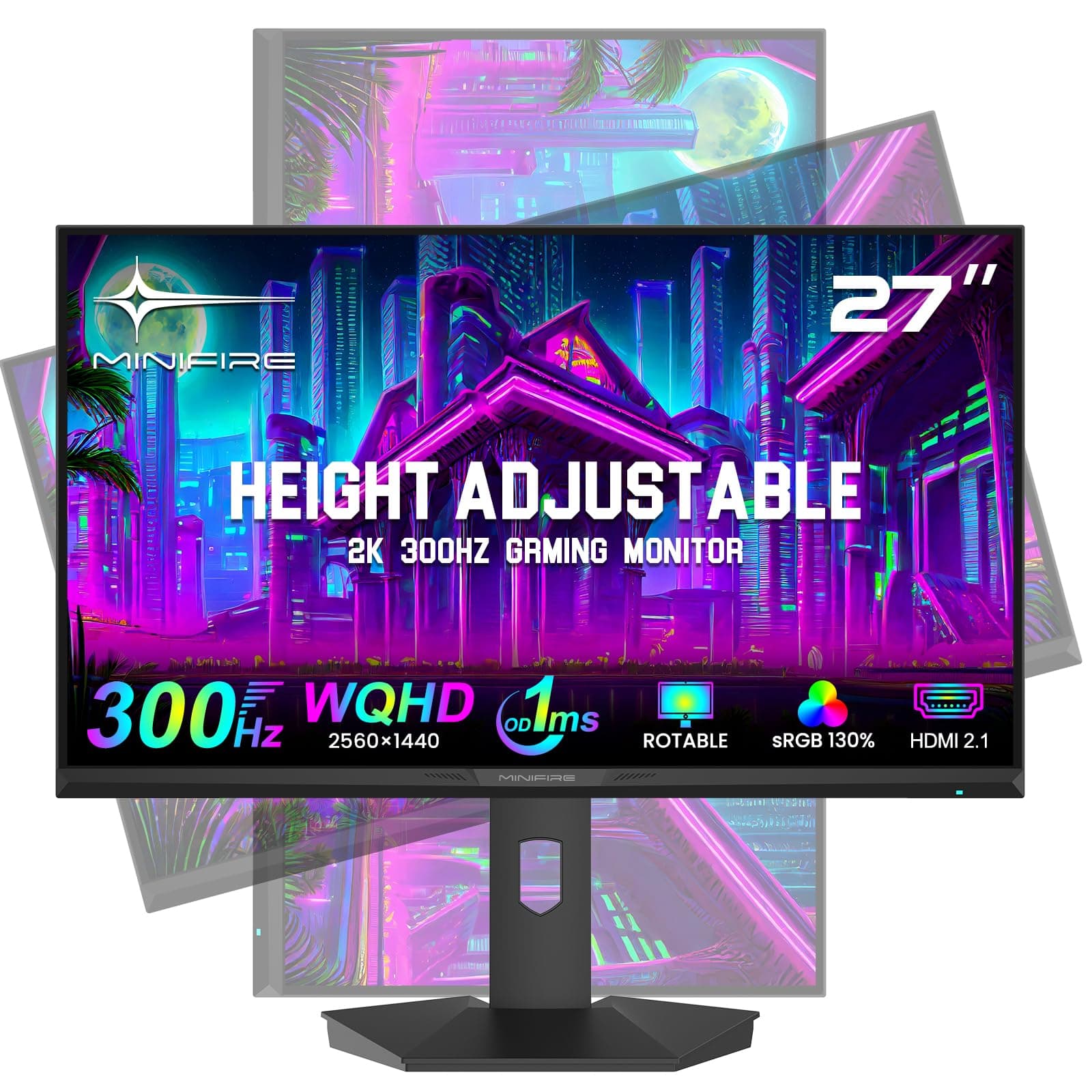 Minifire Écran Gamer 27 Pouces QHD 300Hz – Moniteur PC Gaming 2K 2560x1440, 1ms, FreeSync, 98% DCI-P3, HDR10, 2xDP1.4, 2xHDMI, Rotatif Vertical/Horizontal, Réglable en Hauteur – MFG27F6Q Pro