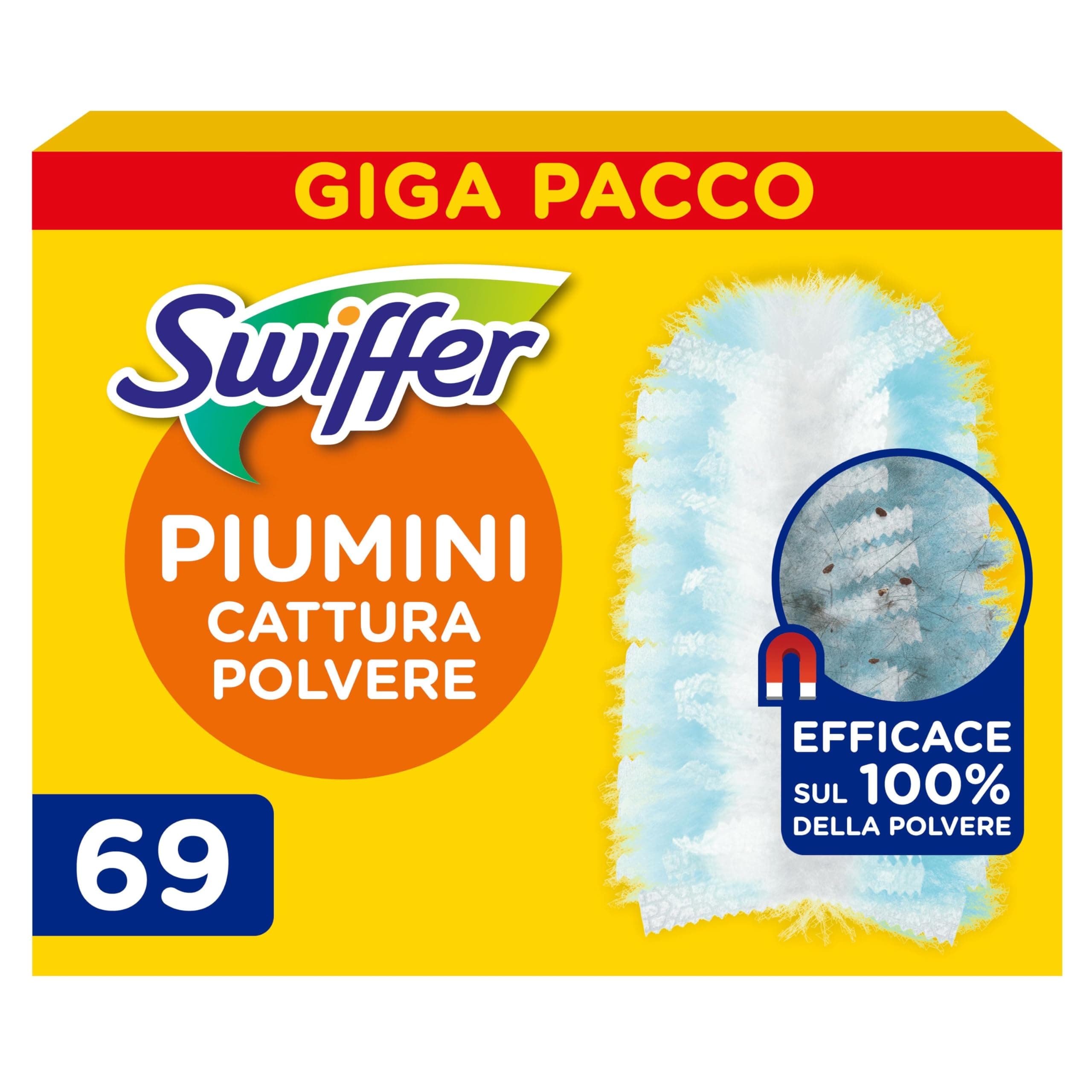 Swiffer Duster, Ricariche Piumini Catturapolvere, 69 Panni Profumati | Cattura 3 Volte Più Polvere e Peli/Capelli Rispetto alla Scopa Tradizionale, Migliaia di Microfibre, Profumo Fresh, Giga Pack