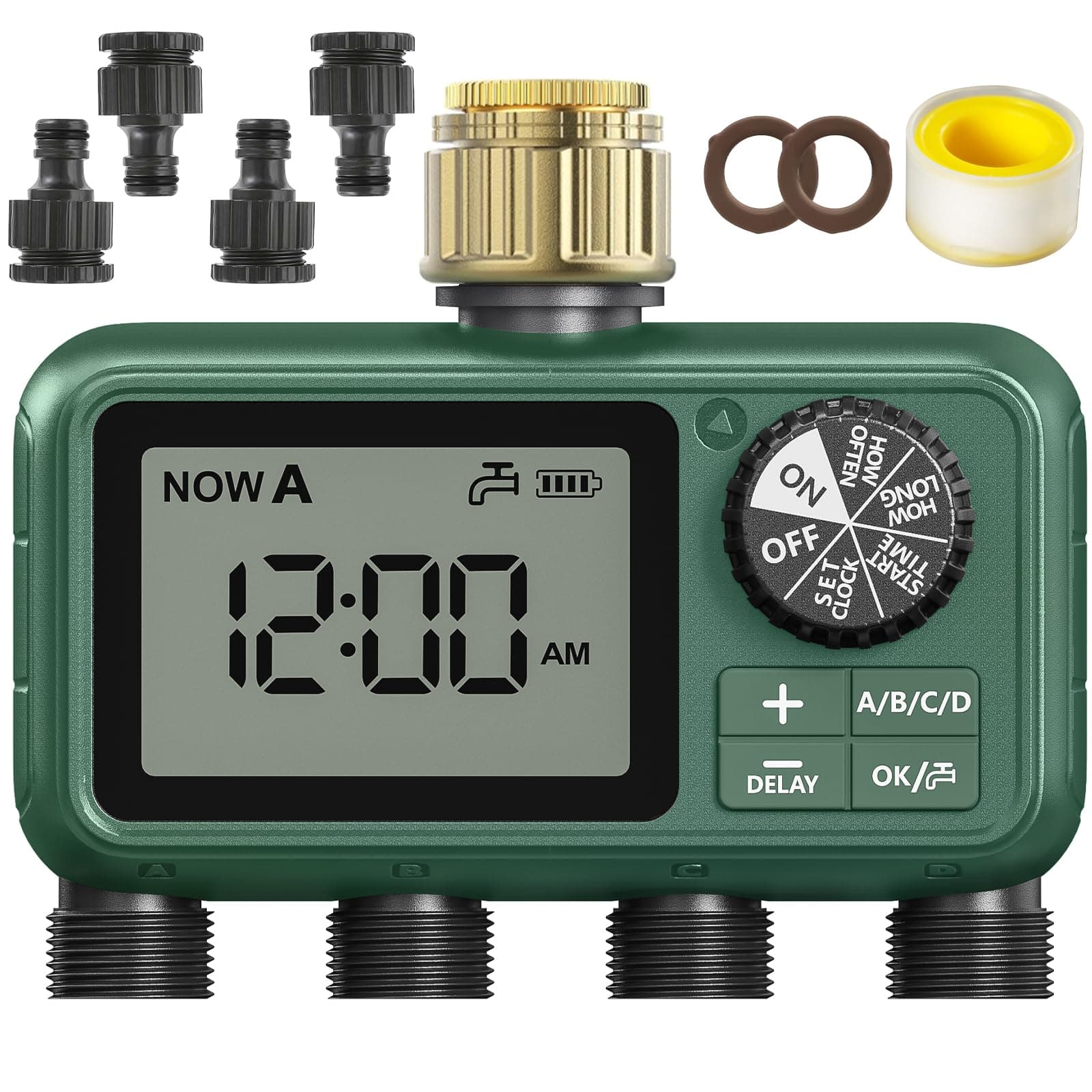 Programador de Riego 4 Salidas con Entradas de Latón, Pantalla LCD Grande, Temporizador de Riego Automático con Retardo de Lluvia, Computadora de Riego Automático/Manua para Jardín y Césped