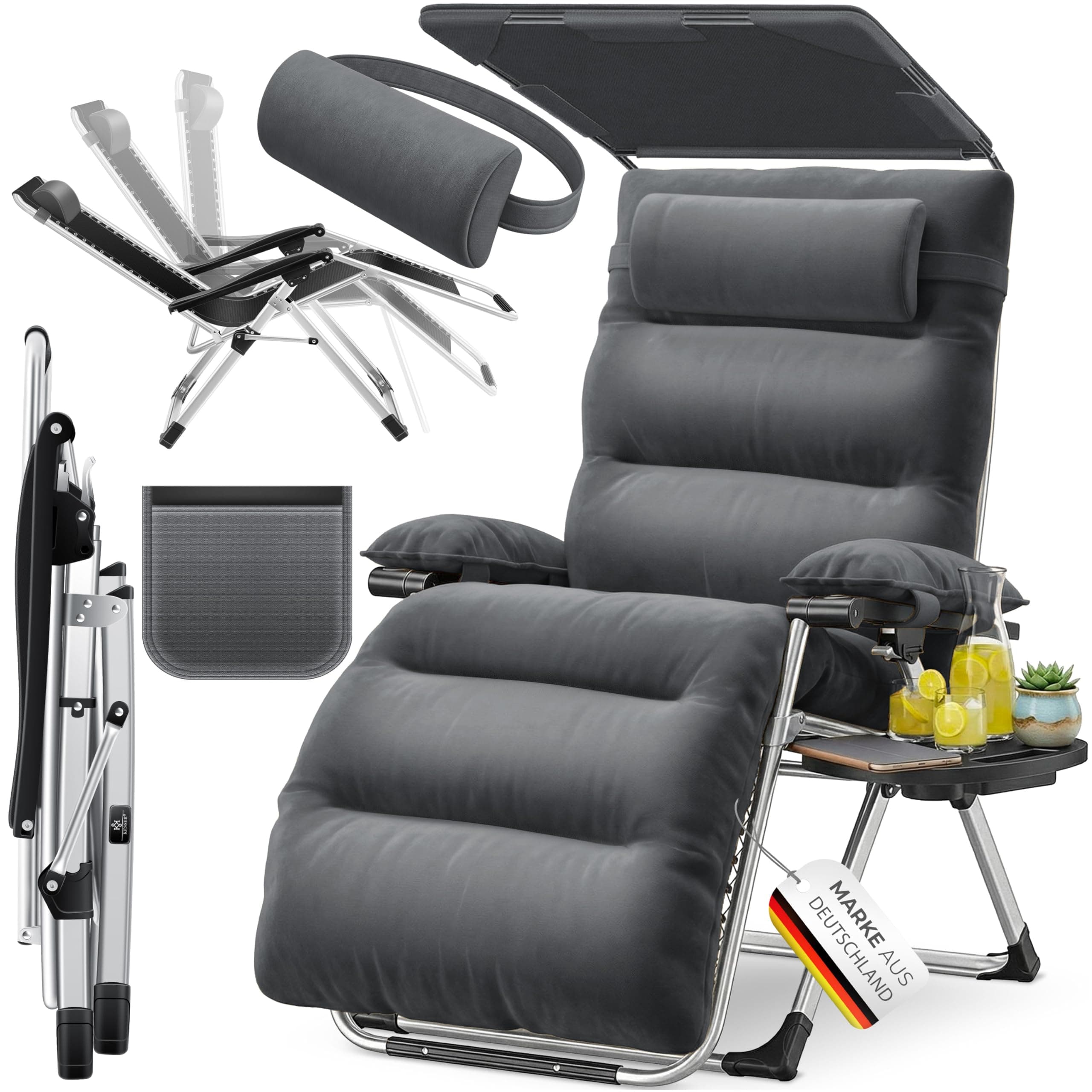 KESSER® Transat XXL - pliable, résistant aux intempéries, capacité 200 kg, revêtement ergonomique, dossier réglable, porte-gobelets et coussin pour les bras, avec auvent - Anthracite