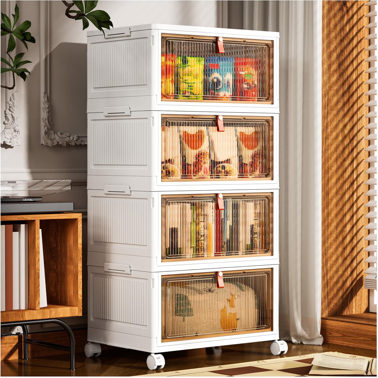 PurKeep Cajas Almacenaje Plastico con Tapa- 28L*4 Cajas Organizadoras, Cajas Almacenaje con Puertas y Ruedas, cajones de Almacenamiento con Puerta Delantera, 4 Paquetes