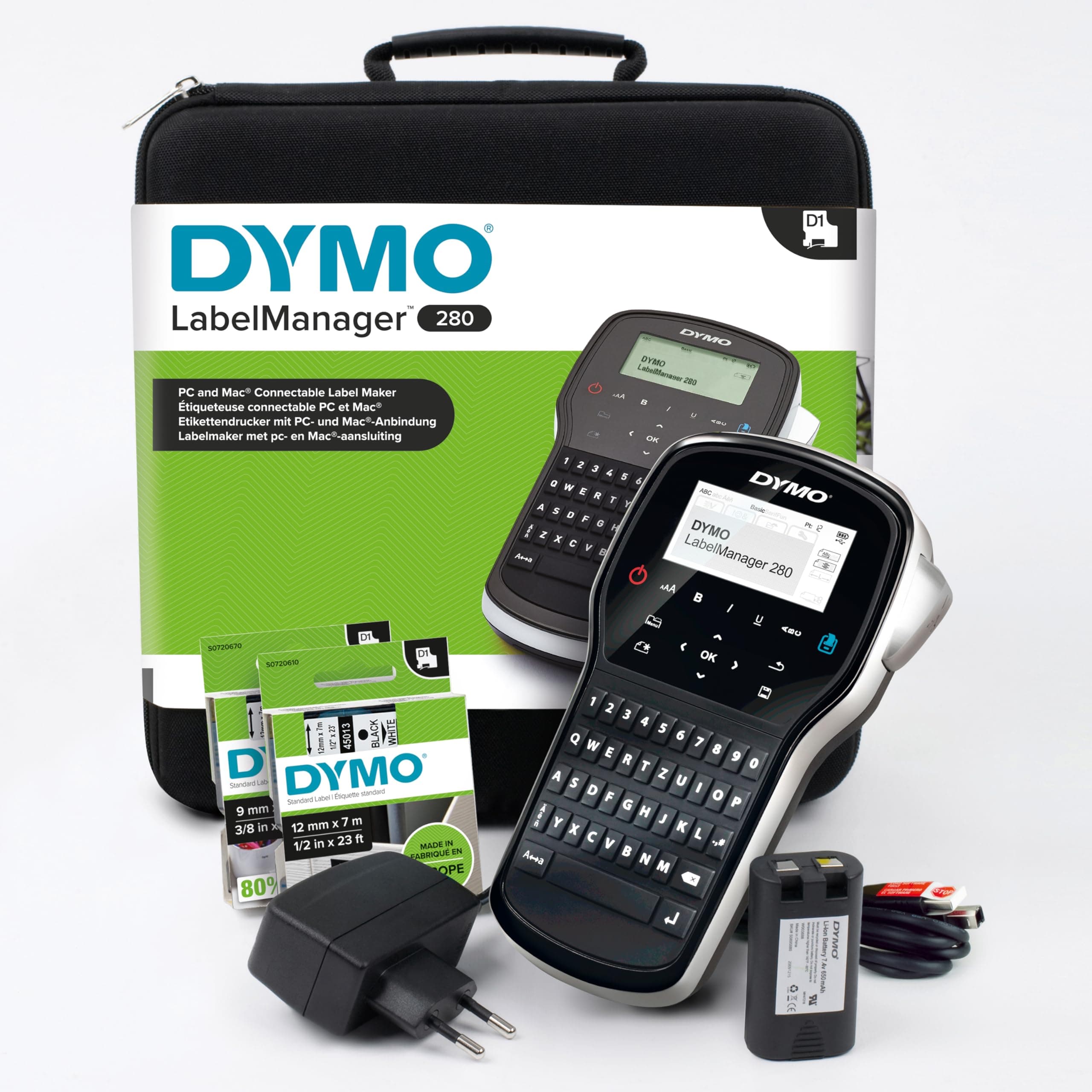 DYMO LabelManager 280 kit etichettatrice portatile ricaricabile – tastiera QWERTY – con custodia e 2 nastri per etichette D1