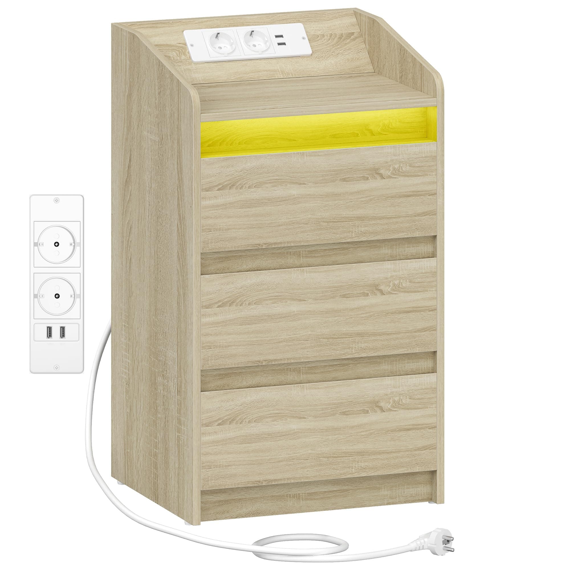 Hzuaneri Table de Chevet avec 3 Tiroirs, Table d'Appoint avec Station de Charge et LED, 2 Prises CA et 2 Ports USB pour Chambre à Coucher, Salon, Couleur Chêne NS40016X