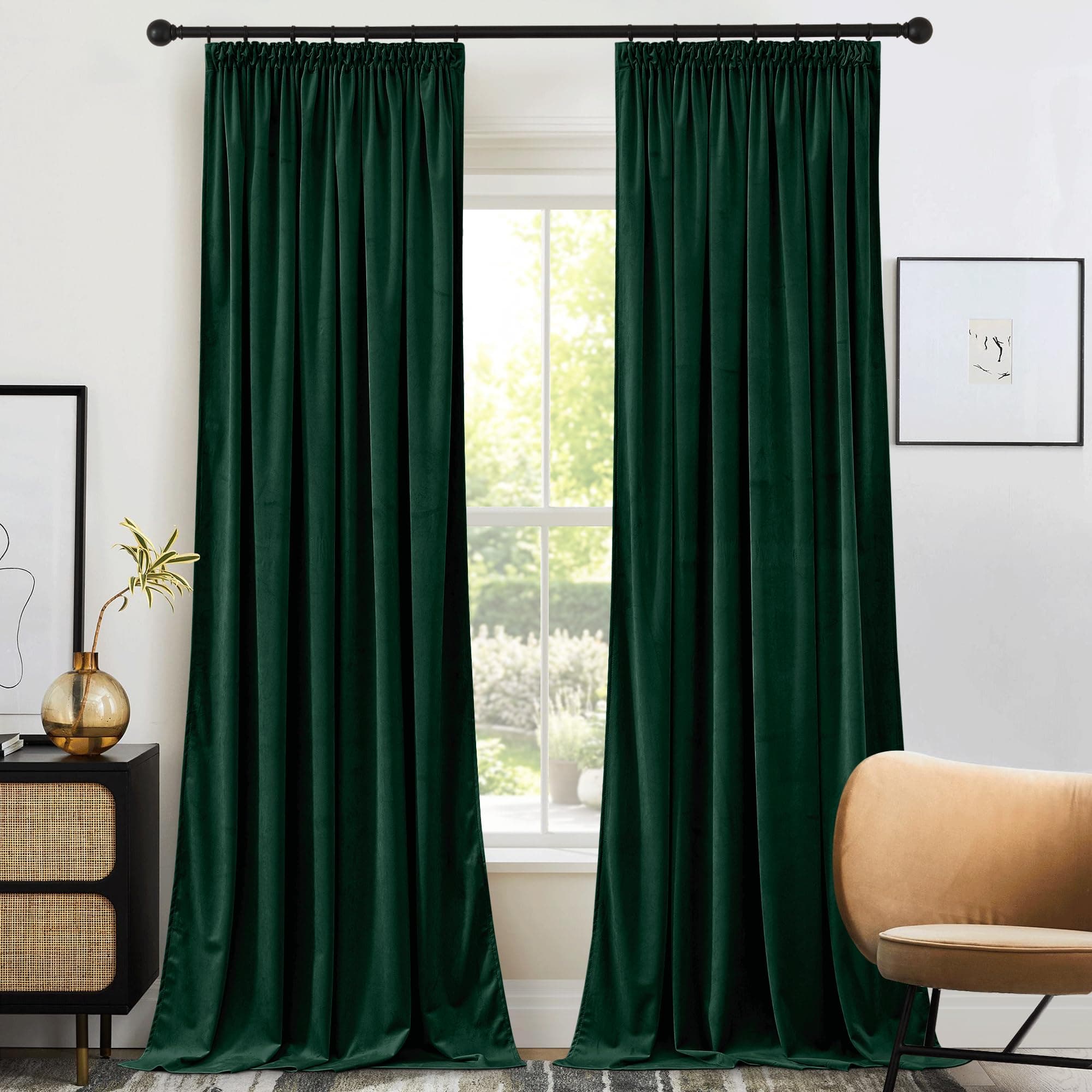 PONY DANCE Samt Gardinen Dunkelgrün Blickdicht Thermovorhang mit Kräuselband 2er Set Wohnzimmer Vorhänge für Schiene Samtvorhang Verdunkelungsvorhang, H 260 x B 132 cm (Gewicht: 300g/m²)