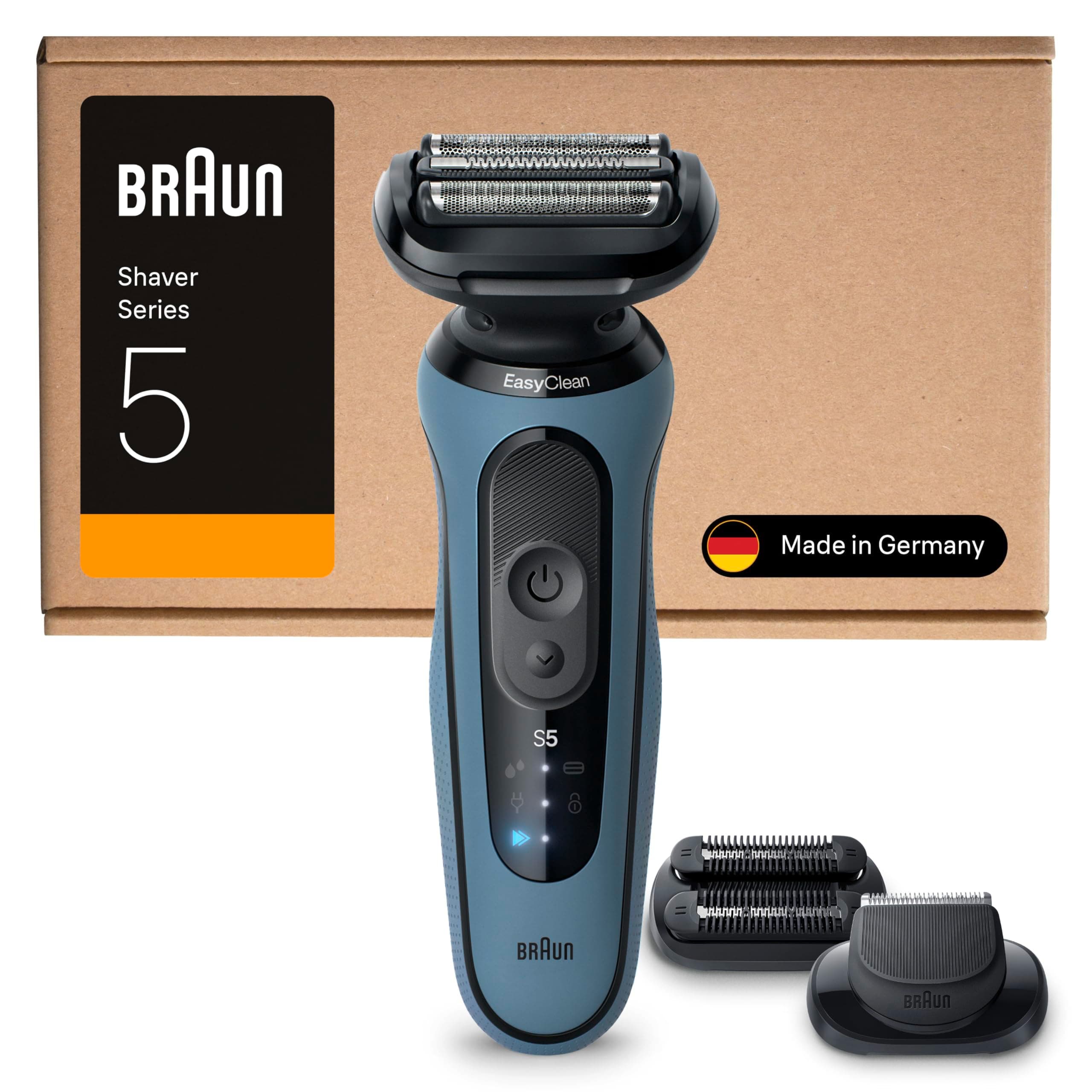 Braun Serie 5 Rasoio Elettrico Barba, Wet&Dry, Regolabarba Uomo, Rasoio Barba, 50 min Di Utilizzo, +2 Accessori, Senza Fili, 100% Impermeabile, Regolabarba Braun, 52-A1820SI, Azzurro